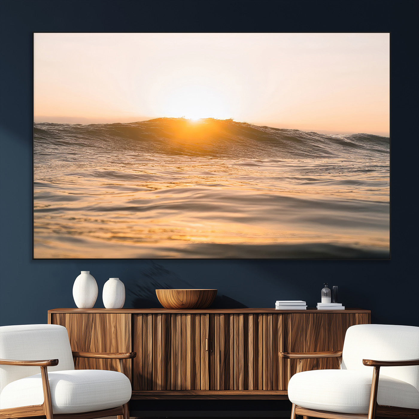SEG-FC-51X34_Oversize - Calm Water Wall Art Canvas Print, Framed Sunset Waves Art Picture Print, Coastal Warmth Perfect Warm Minimalist Decor Artwork