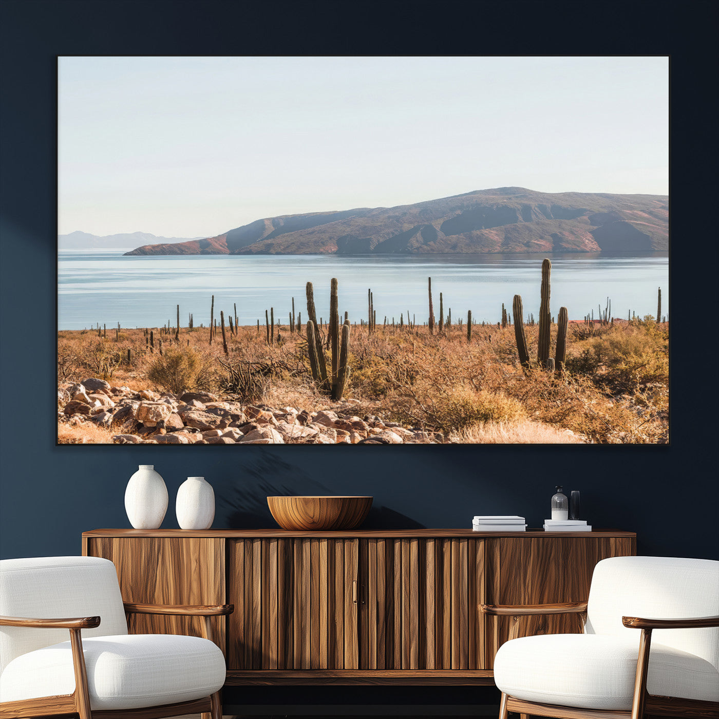 SEG-FC-51X34_Oversize - Desert Cactus Wall Art Canvas Print, Framed Baja Coastline Art Picture Print, Coastal Desert Perfect Southwestern Minimalist Decor Artwork