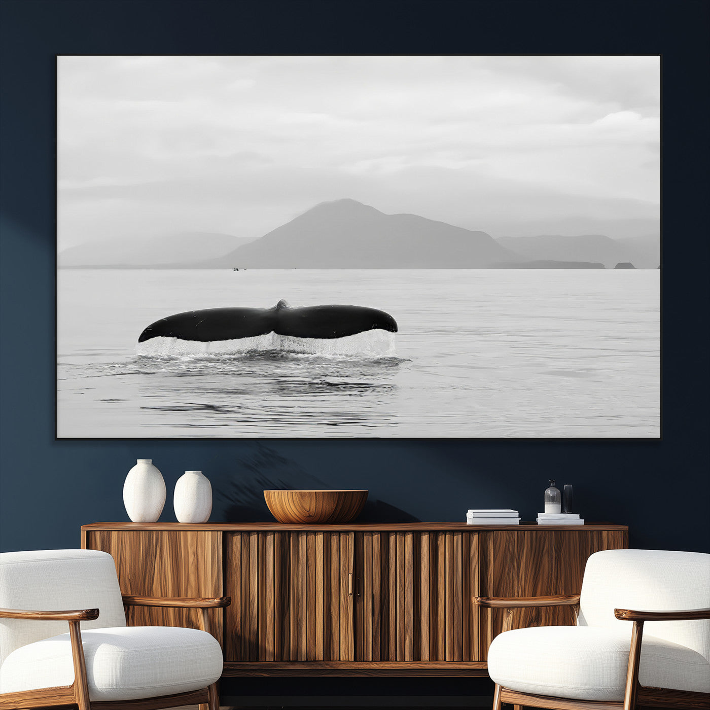 SEG-FC-51X34_Oversize - Whale Tail Wall Art Canvas Print, Framed Black White Ocean Art Picture Print, Calm Marine Perfect Minimalist Coastal Decor Artwork