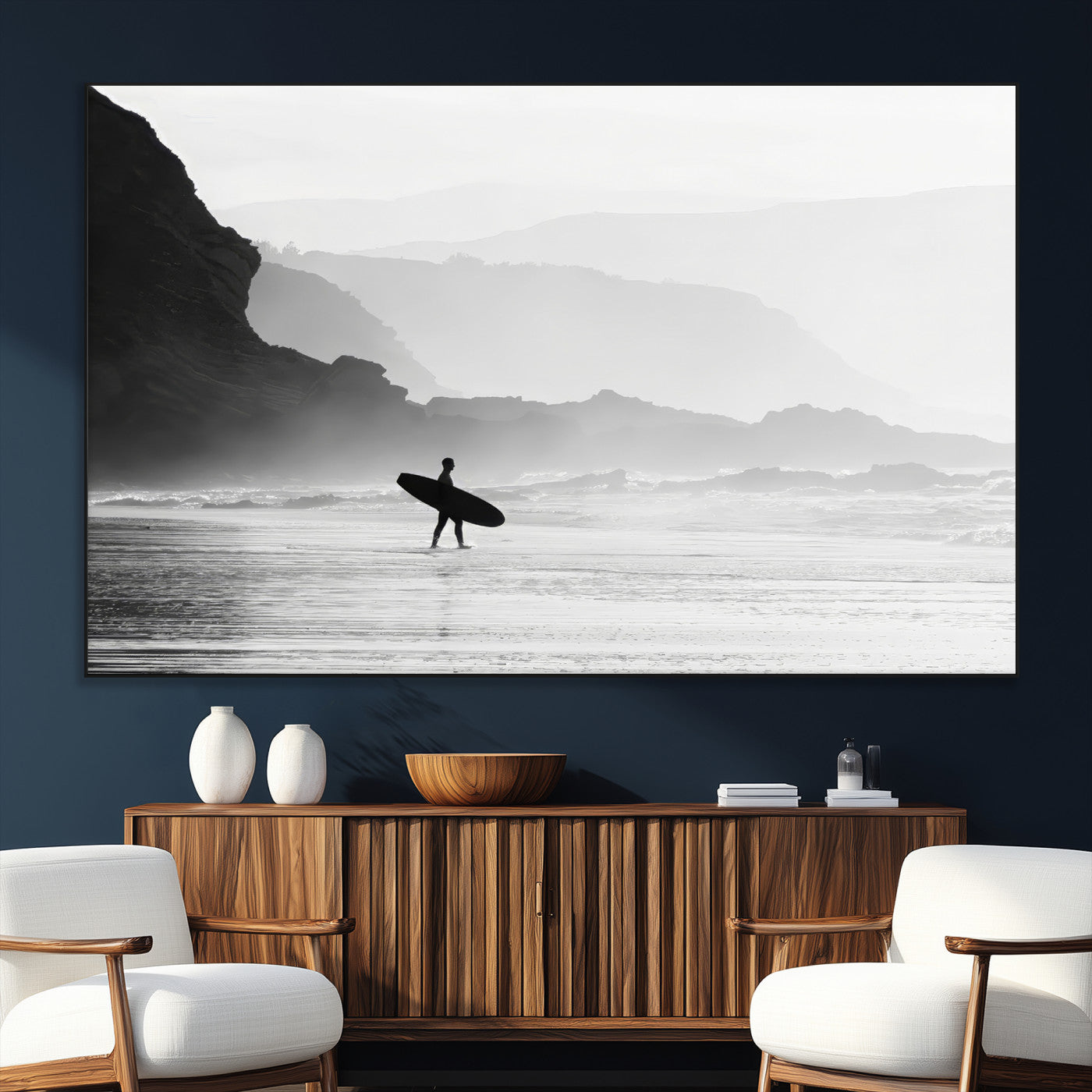 SEG-FC-51X34_Oversize - Surfer In Fog Wall Art Canvas Print, Framed Moody Shoreline Art Picture Print, Cliffside Waves Perfect Minimalist Coastal Decor Artwork