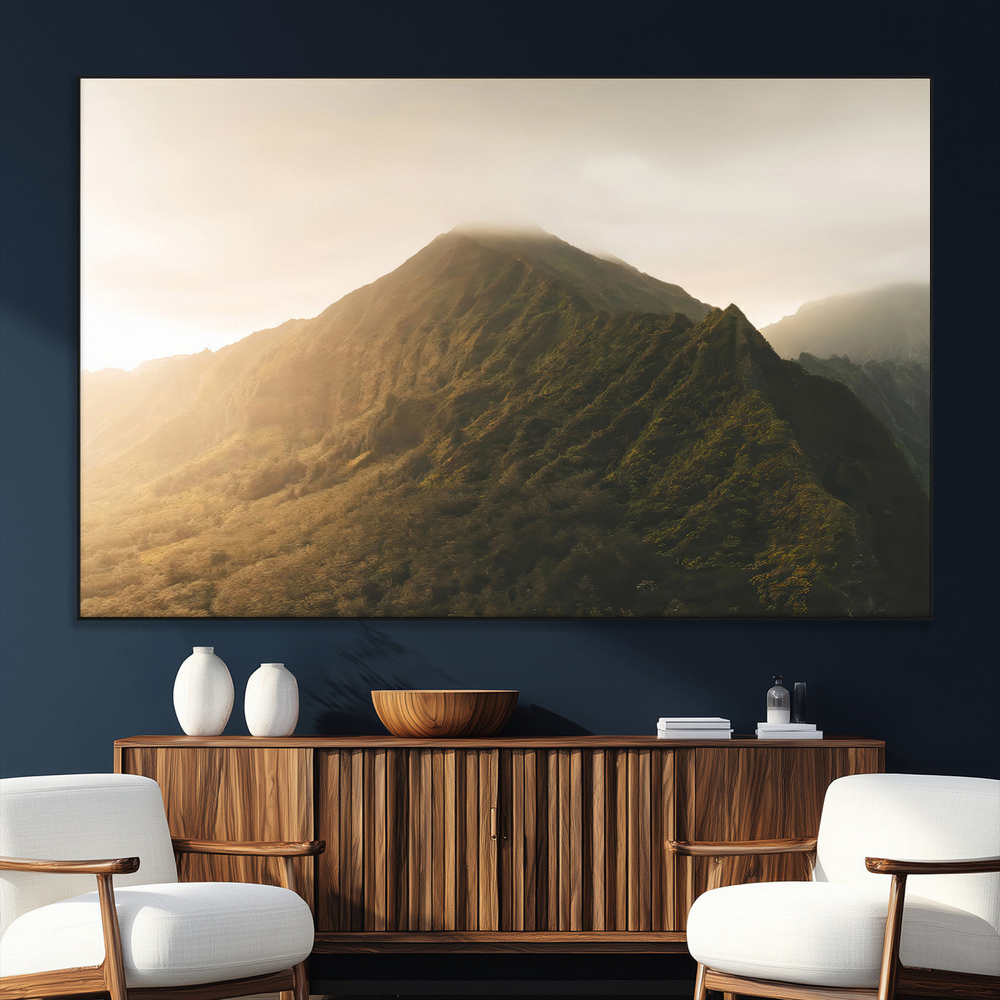 SEG-FC-51X34_Oversize - Golden Mountain Wall Art Canvas Print, Framed Misty Summit Art Picture Print, Rugged Landscape Perfect Moody Wilderness Decor Artwork