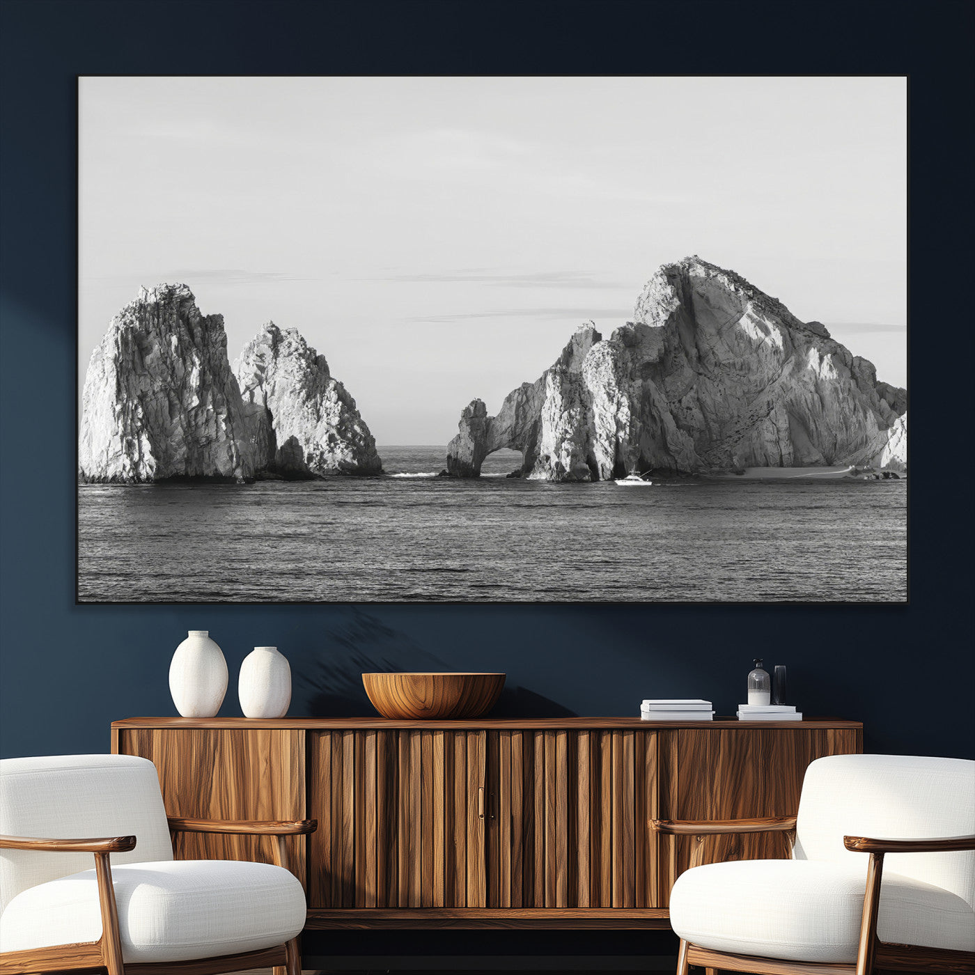 SEG-FC-51X34_Oversize - Rugged Coastline Wall Art Canvas Print, Framed Ocean Cliffs Art Picture Print, Monochrome Seascape Perfect Coastal Minimalist Decor Artwork
