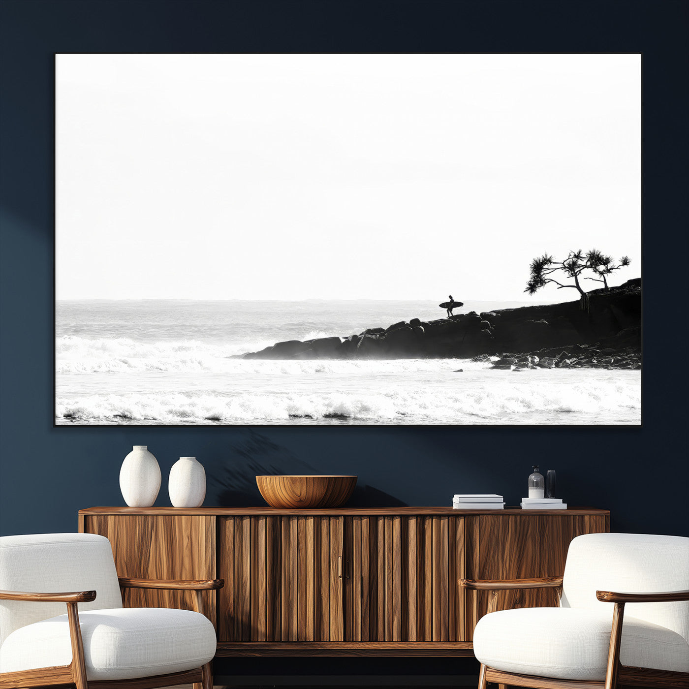 SEG-FC-51X34_Oversize - SurferCliffs Wall Art Canvas Print, Framed Black White Beach Art Picture Print, Ocean Waves Perfect Minimalist Coastal Decor Artwork