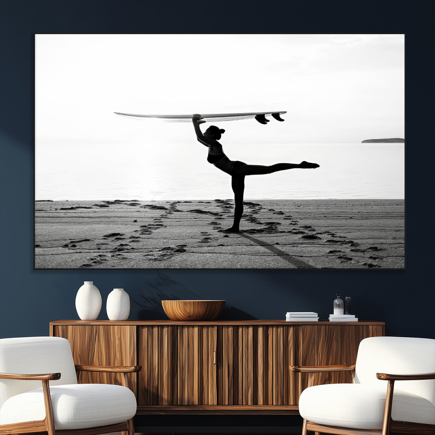 SEG-FC-51X34_Oversize - Yoga Surf Wall Art Canvas Print, Framed Black White Shore Art Picture Print, Peaceful Ocean Perfect Minimalist Coastal Decor Artwork