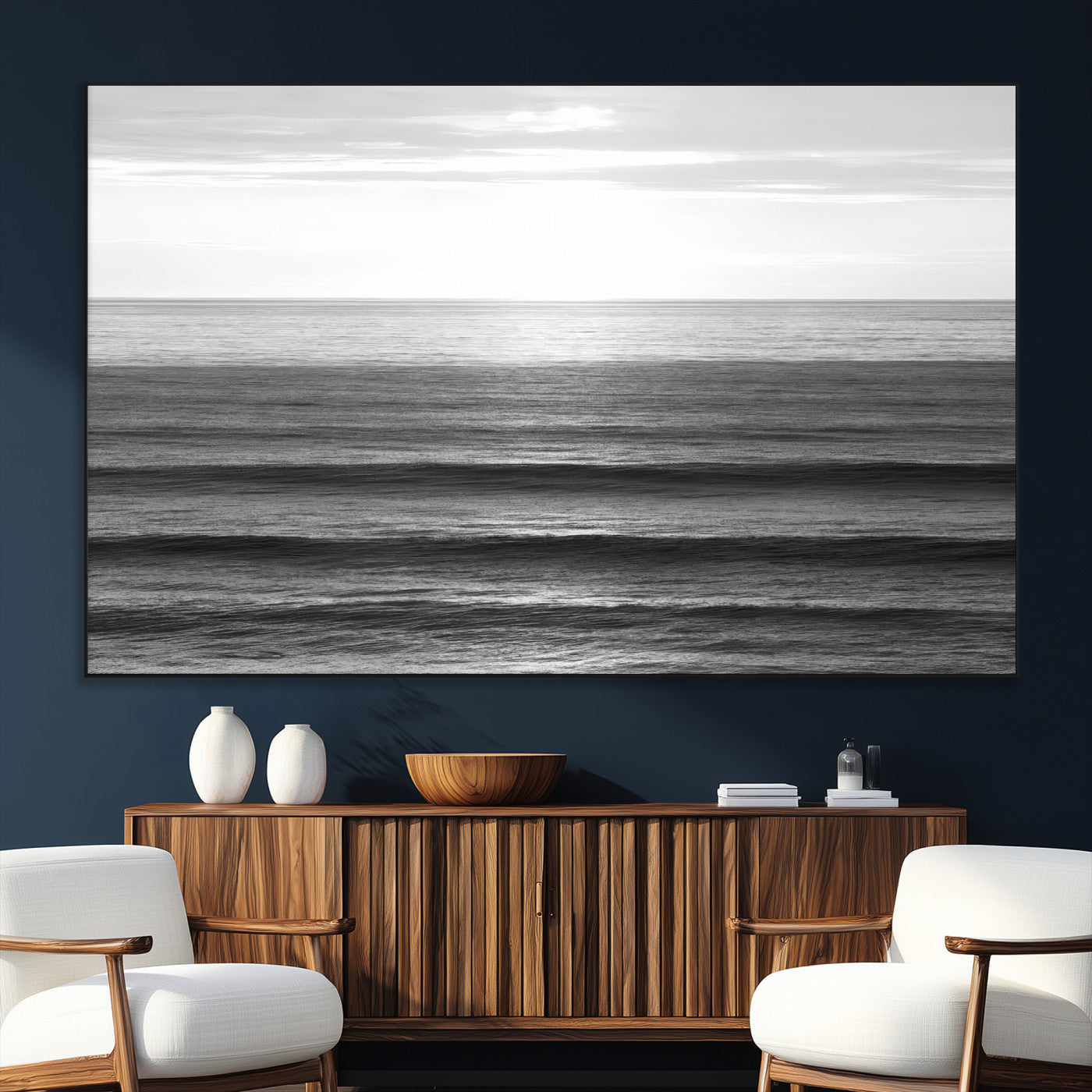 SEG-FC-51X34_Oversize - Monochrome Ocean Wall Art Canvas Print, Framed Moody Ocean Art Picture Print, Calm Ocean Perfect Minimalist Coastal Decor Artwork
