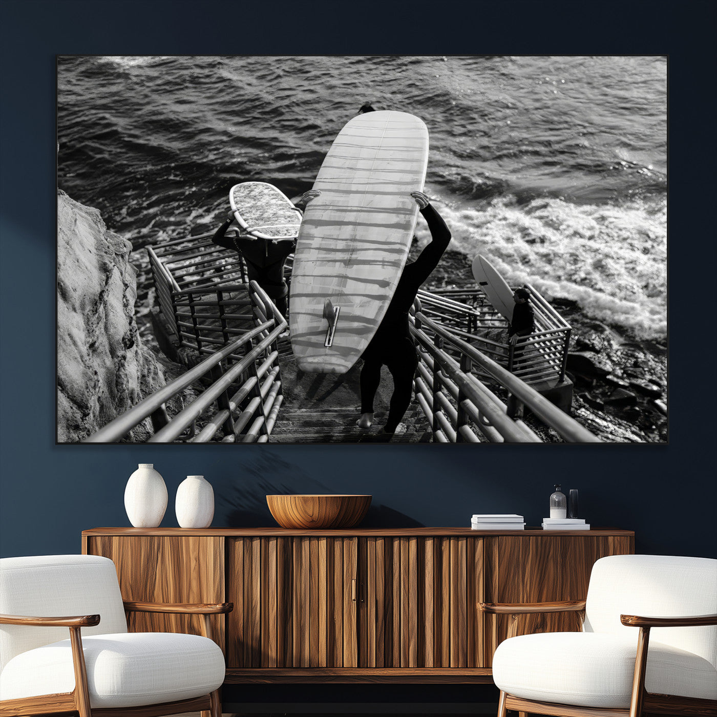 SEG-FC-51X34_Oversize - Black White Surfing Wall Art Canvas Print, Framed Coastal Surfing Art Picture Print, Wave Riders Perfect Coastal Adventure Decor Artwork