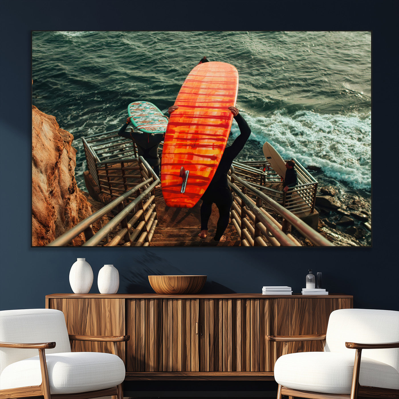 SEG-FC-51X34_Oversize - Surfer Stairway Wall Art Canvas Print, Framed Ocean Surf Art Picture Print, Sunset Coastal Perfect Coastal Adventure Decor Artwork