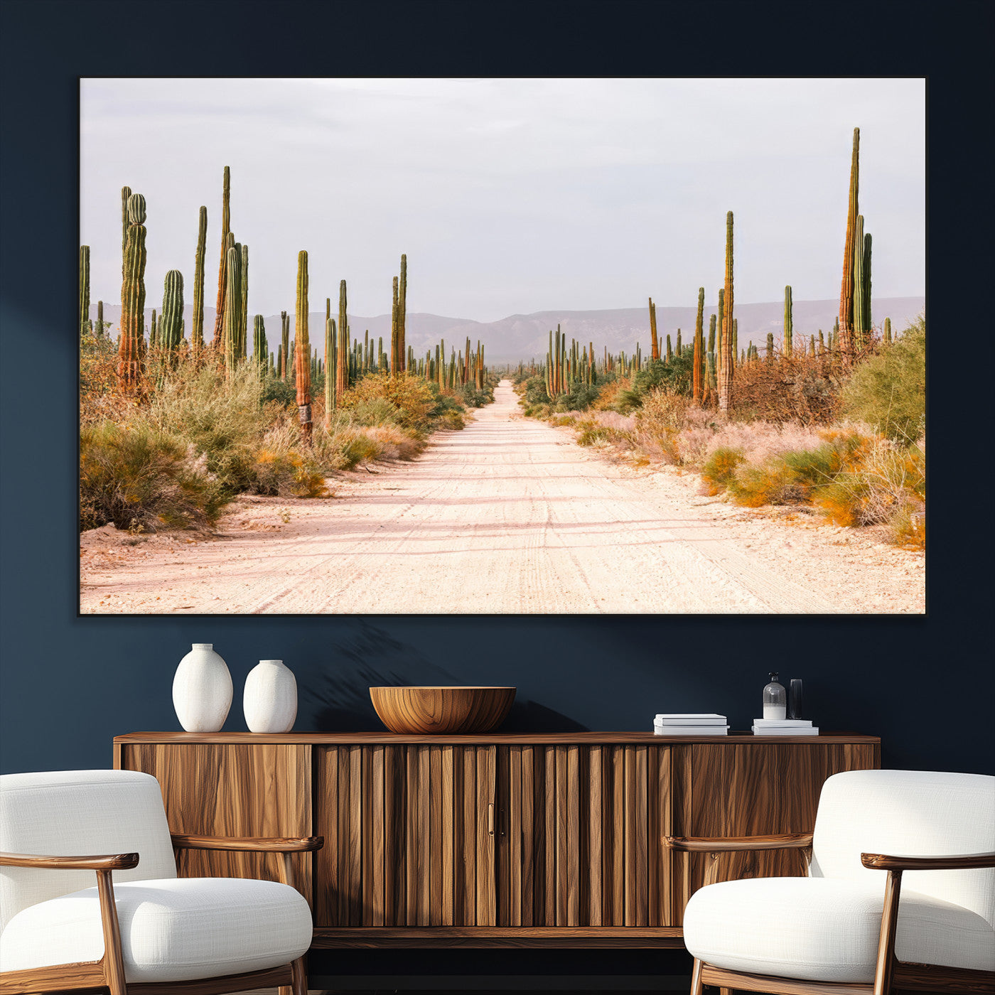 SEG-FC-51X34_Oversize - Desert Cactus Lined Road Wall Art Canvas Print, Framed Southwestern Landscape Art Picture Print, Bohemian Western Aesthetic Perfect Southwestern Boho Decor Artwork