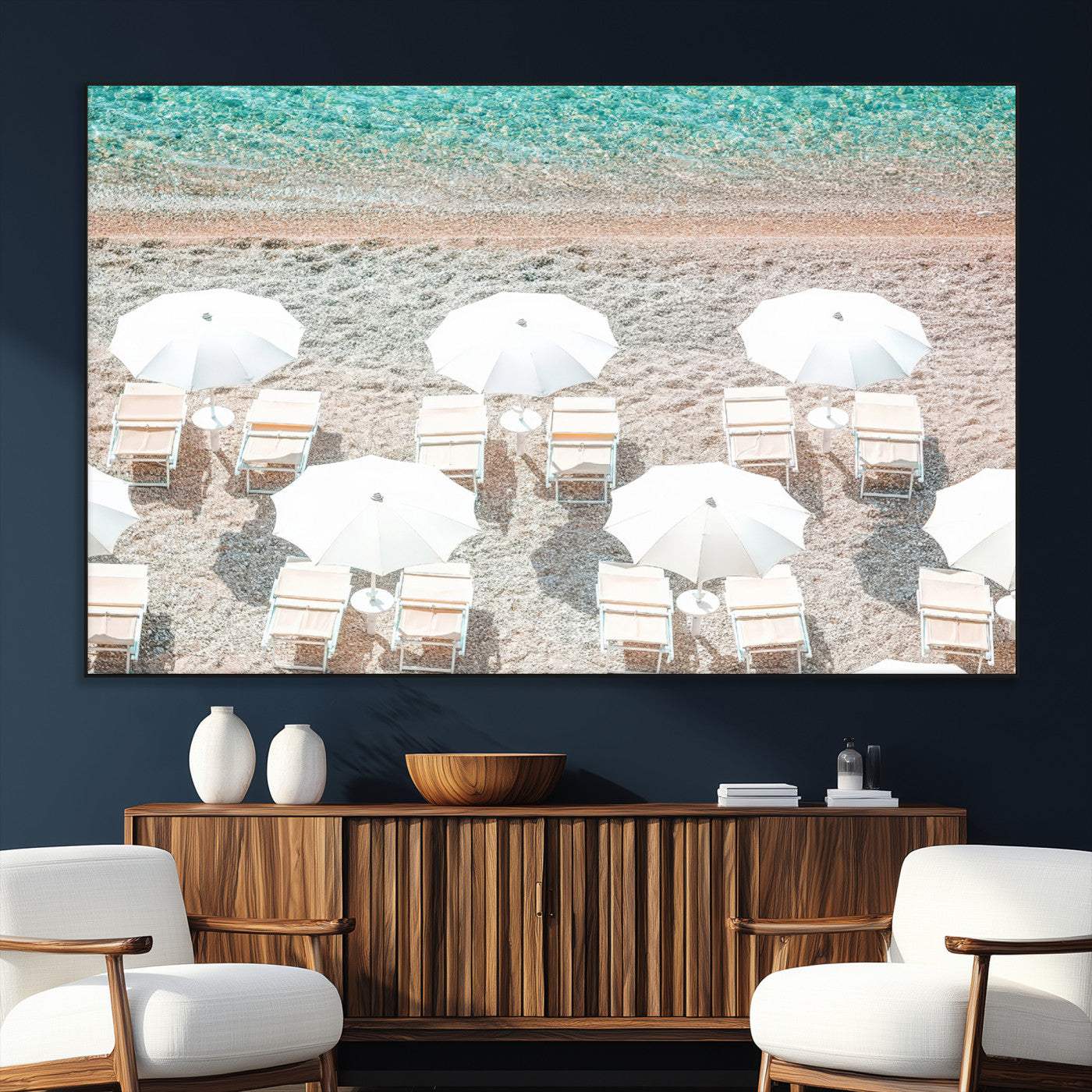 SEG-FC-51X34_Oversize - Calm Beach Wall Art Canvas Print, Framed Turquoise Water Art Picture Print, Umbrella Shoreline Perfect Coastal Minimalist Decor Artwork