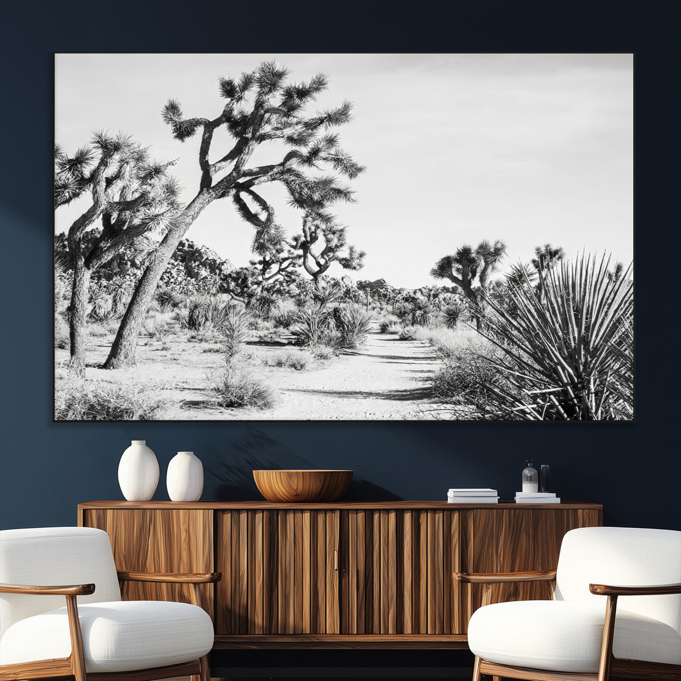 88164251-MGV-CV-36X24-Joshua Tree Desert Wall Art – Black & White Canvas Print, Nature Serenity Decor for Guest Room, Office or Living Room