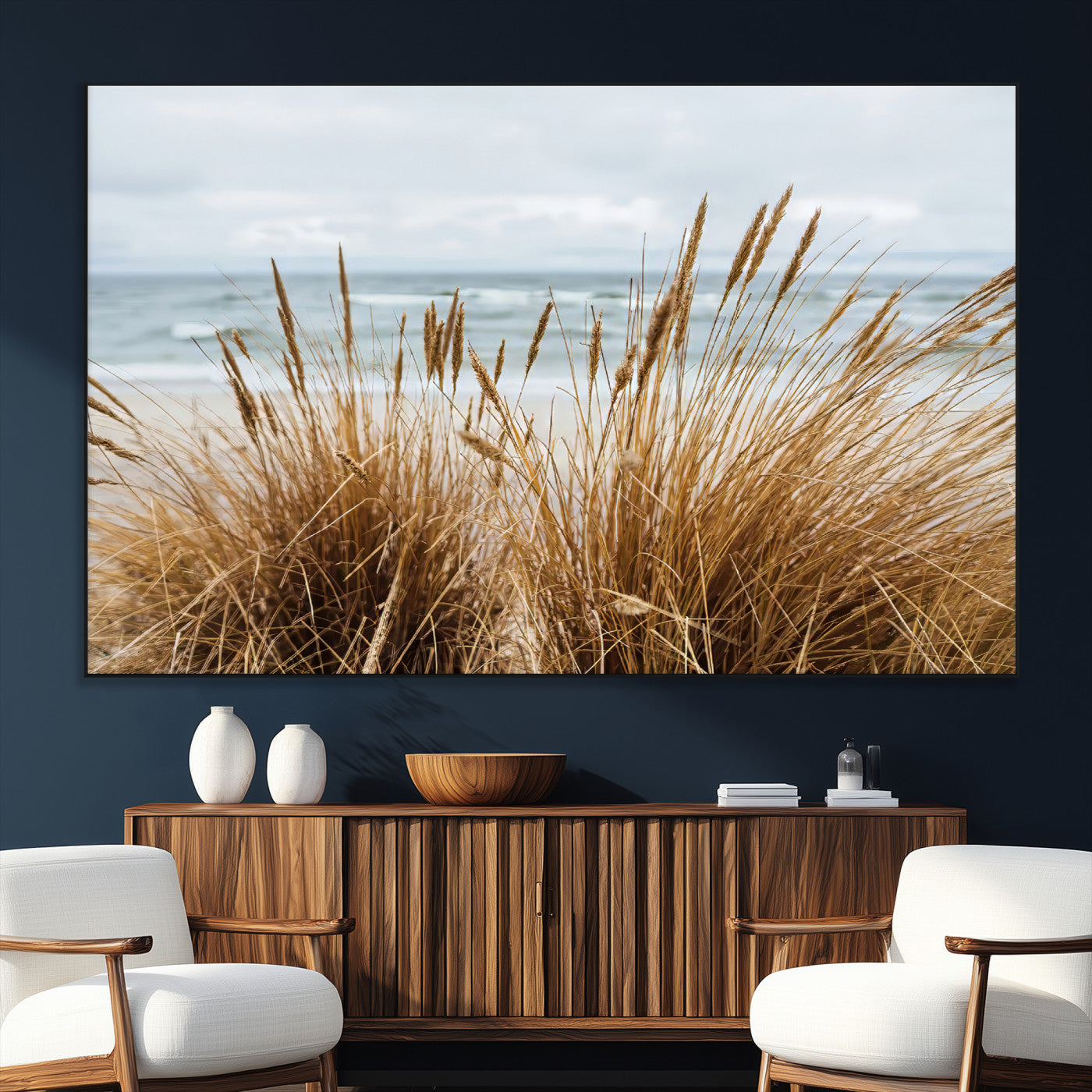 SEG-FC-51X34_Oversize - Beach Grass Wall Art Canvas Print, Framed Coastal Dunes Art Picture Print, Dune Grass Perfect Coastal Minimalist Decor Artwork
