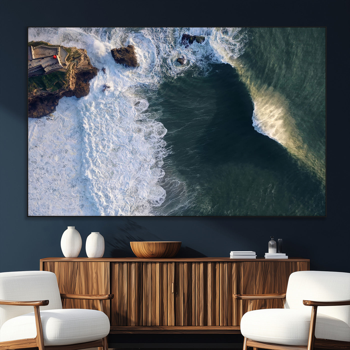 SEG-FC-51X34_Oversize - Nazaré Coast Wall Art Canvas Print, Framed Aerial Ocean Art Picture Print, Coastal Fortress Perfect Dramatic Coastal Decor Artwork
