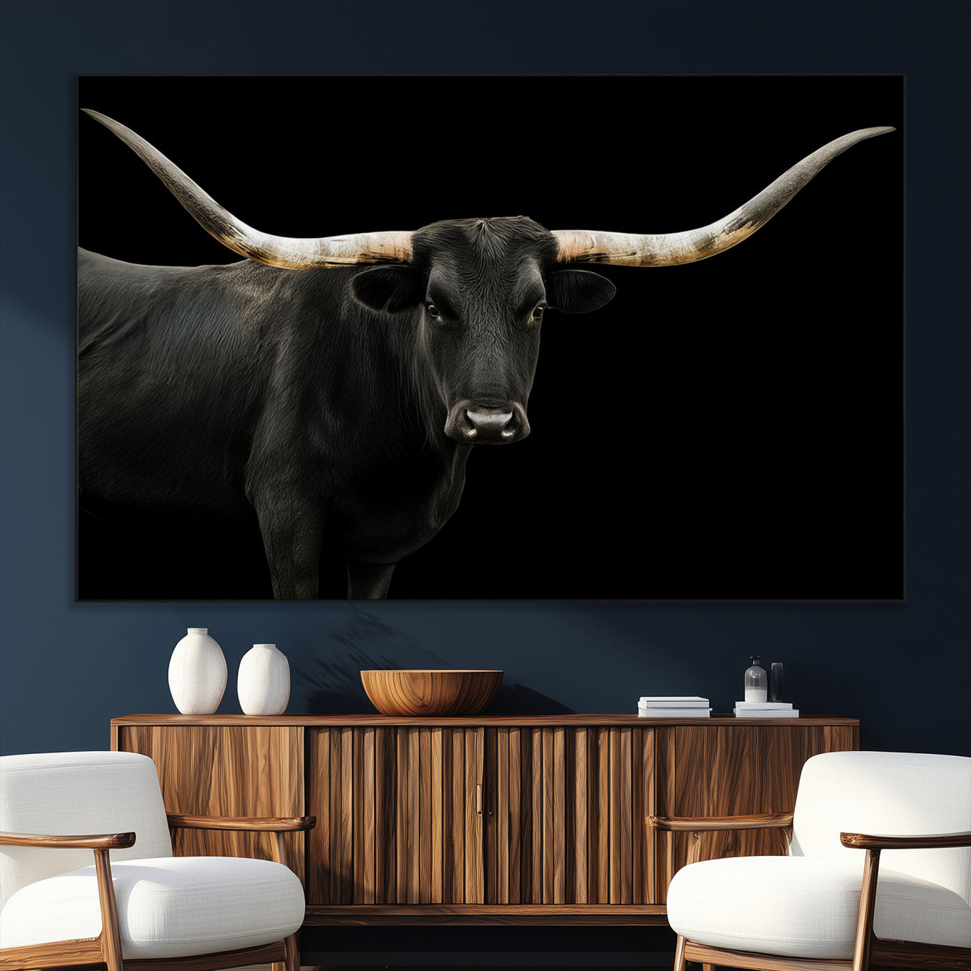 SEG-FC-51X34_Oversize - Longhorn Cattle Wall Art Canvas Print, Framed Texas Ranch Art Picture Print, Western Cow Perfect Farmhouse Decor Artwork
