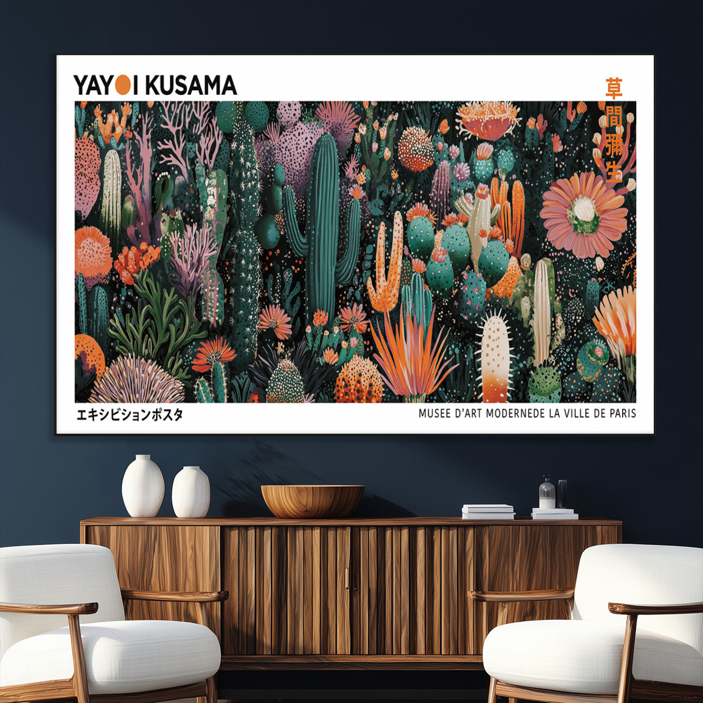 SEG-FC-51X34_Oversize - Modern Japanese Wall Art Print, Yayoi Kusama Print Wall Decor, Abstract Mount Fuji Canvas Print,