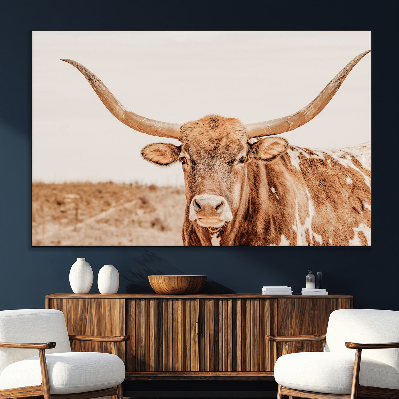 SEG-FC-51X34_Oversize - Longhorn Bull Wall Art Canvas Print, Framed Western Cow Art Picture Print, Rustic Farmhouse Perfect Neutral Farmhouse Decor Artwork