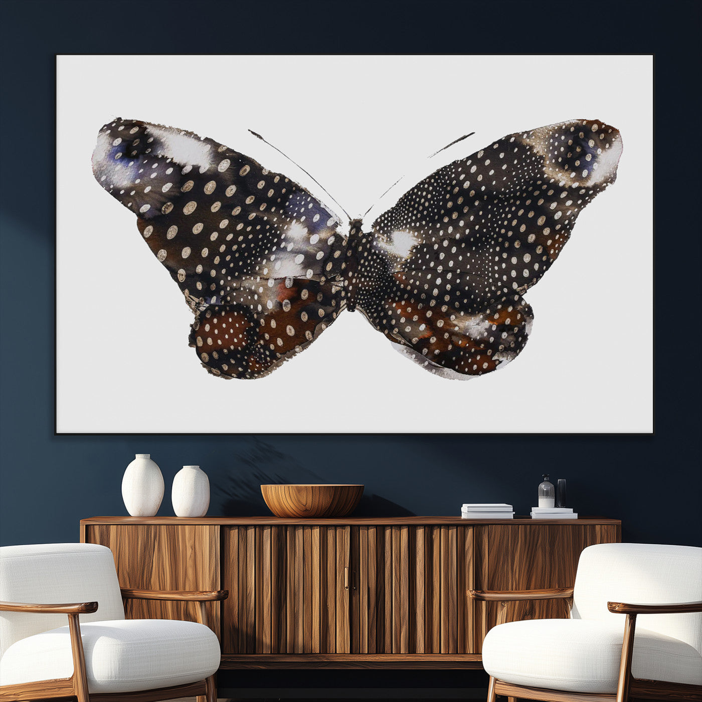 SEG-FC-51X34_Oversize - Spotted Butterfly Wall Art Canvas Print, Framed Neutral Insect Theme Art Picture Print, Earthy Wing Pattern Perfect Modern Rustic Decor Artwork