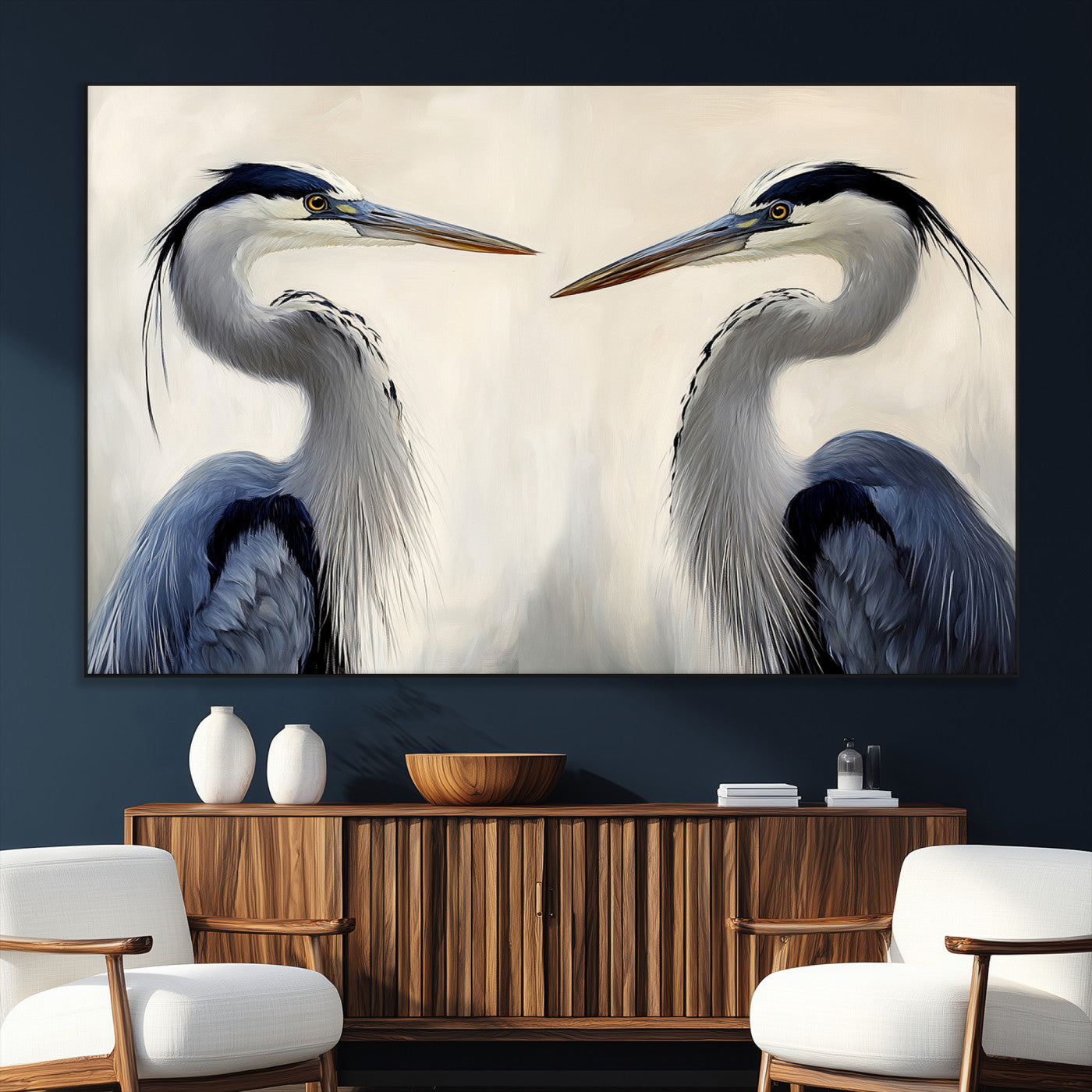 SEG-FC-51X34_Oversize - Blue Heron Pair Wall Art Canvas Print, Framed Coastal Bird Theme Art Picture Print, Tranquil Wildlife Scene Perfect Coastal Minimalist Decor Artwork