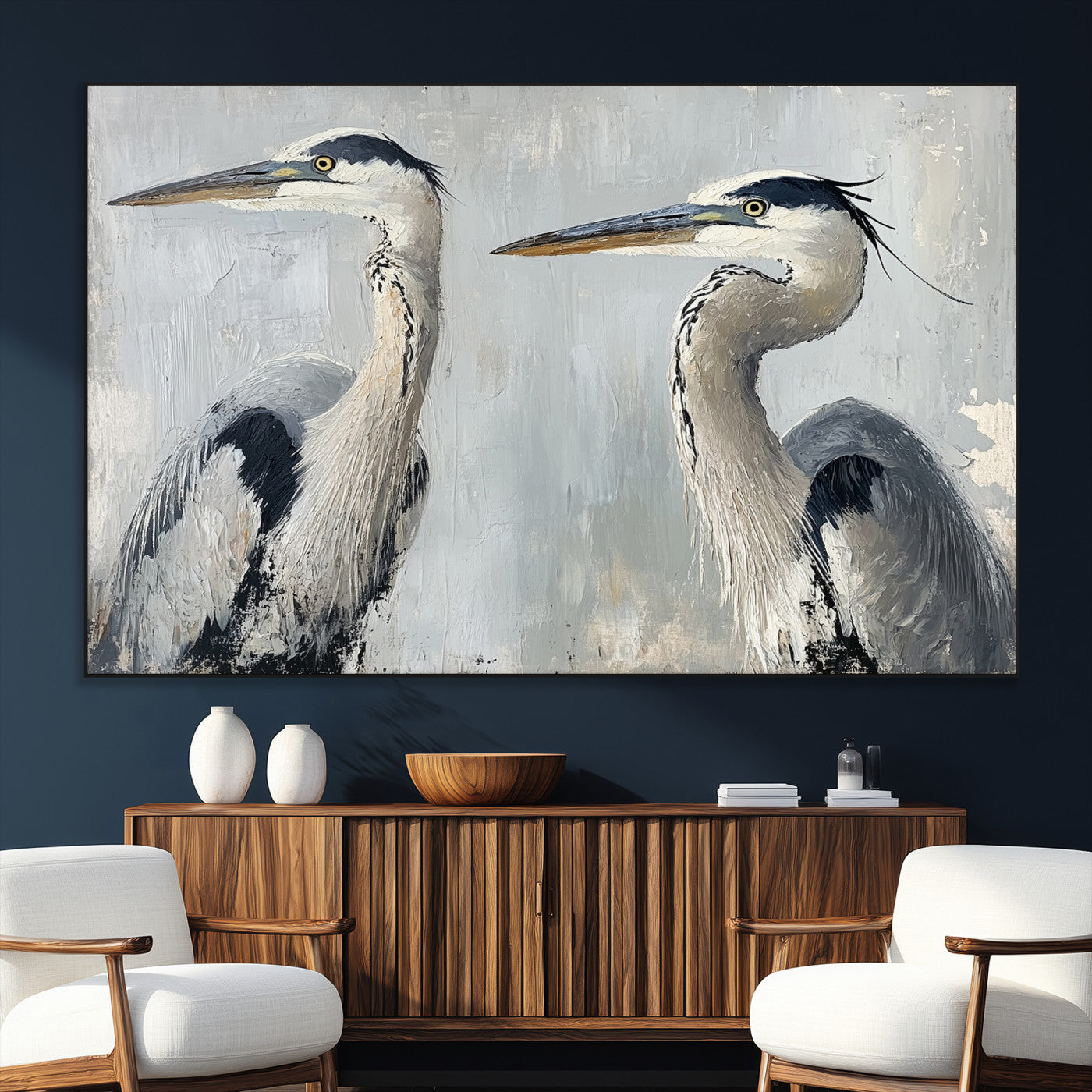 SEG-FC-51X34_Oversize - Bird Canvas Decor Wall Art Canvas Print, Framed Coastal Bird Pair Art Picture Print, Minimalist Wildlife Wall Perfect Coastal Minimalist Decor Artwork
