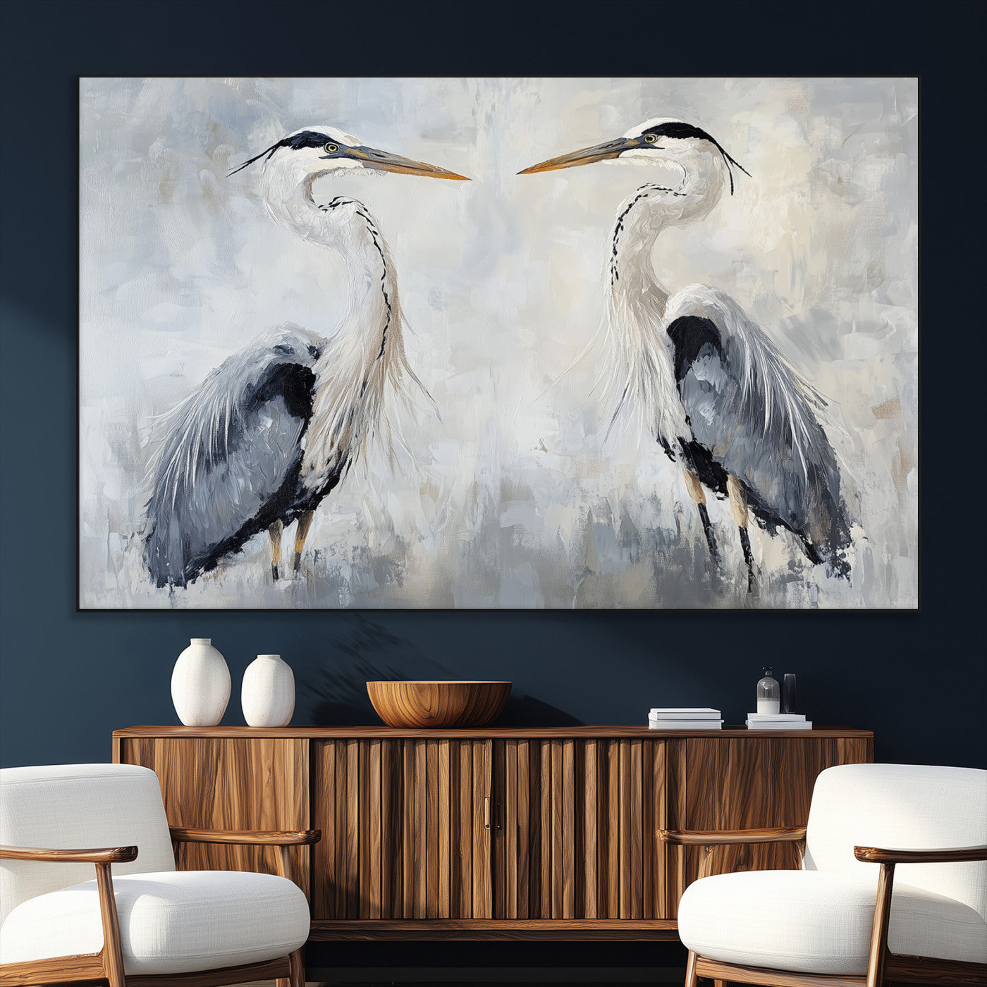 SEG-FC-51X34_Oversize - Heron Wall Art Wall Art Canvas Print, Framed Bird Canvas Decor Art Picture Print, Nature Inspired Perfect Coastal Minimalist Decor Artwork