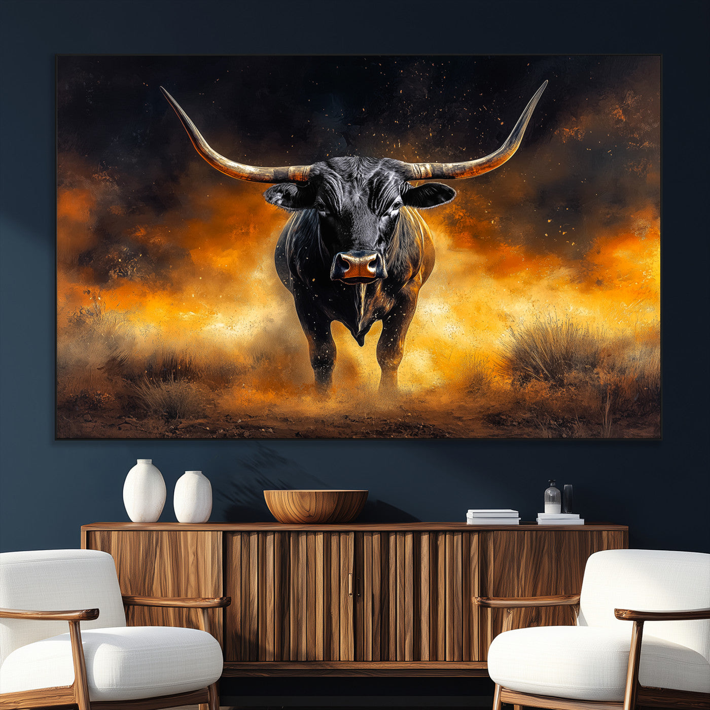 SEG-FC-51X34_Oversize - Longhorn Canvas Wall Art Canvas Print, Framed Bold Bull Wall Art Art Picture Print, Western Animal Decor Perfect Western Dramatic Decor Artwork
