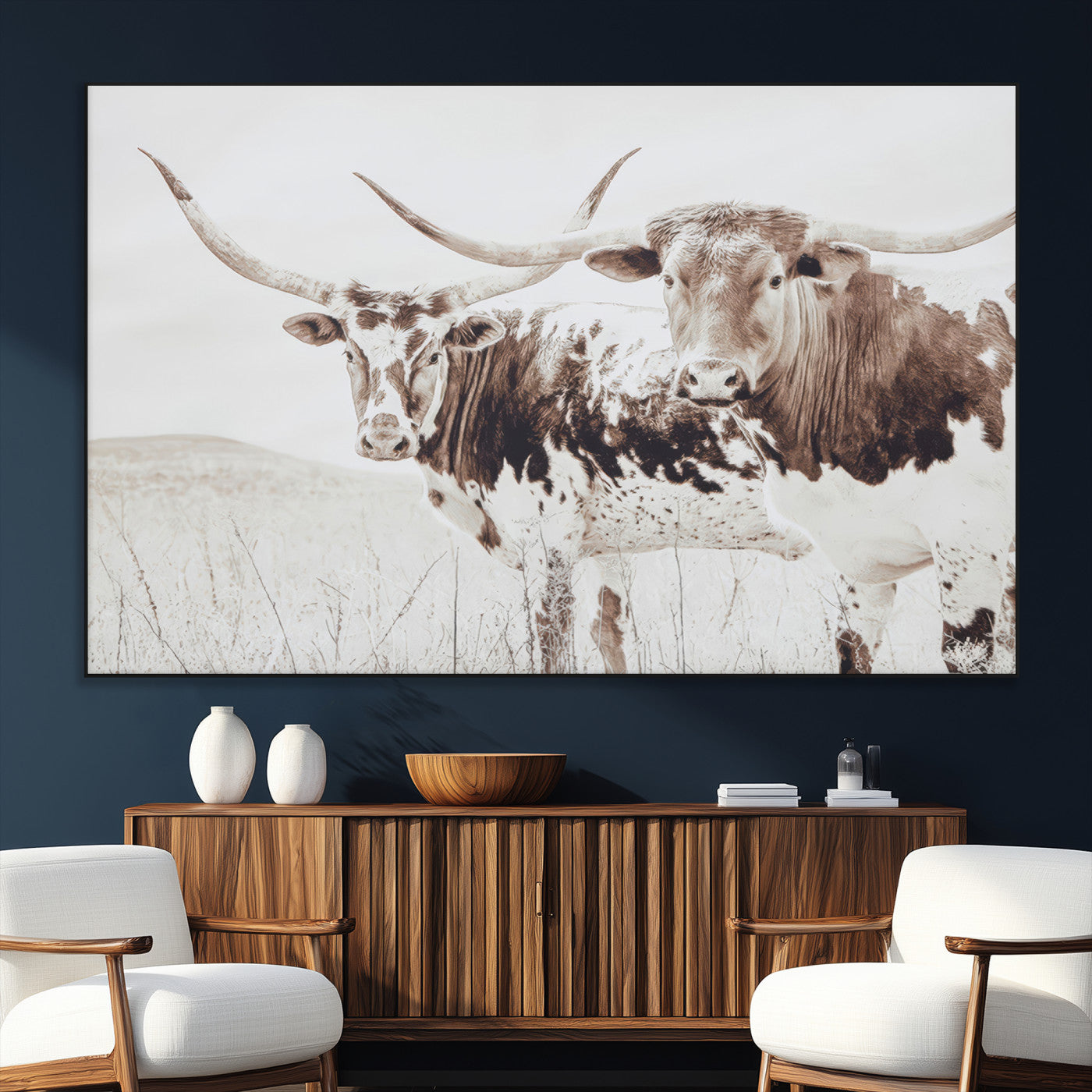 SEG-FC-51X34_Oversize - Longhorn Wall Art Wall Art Canvas Print, Framed Western Cow Canvas Art Picture Print, Rustic Farm Decor Perfect Rustic Farmhouse Decor Artwork