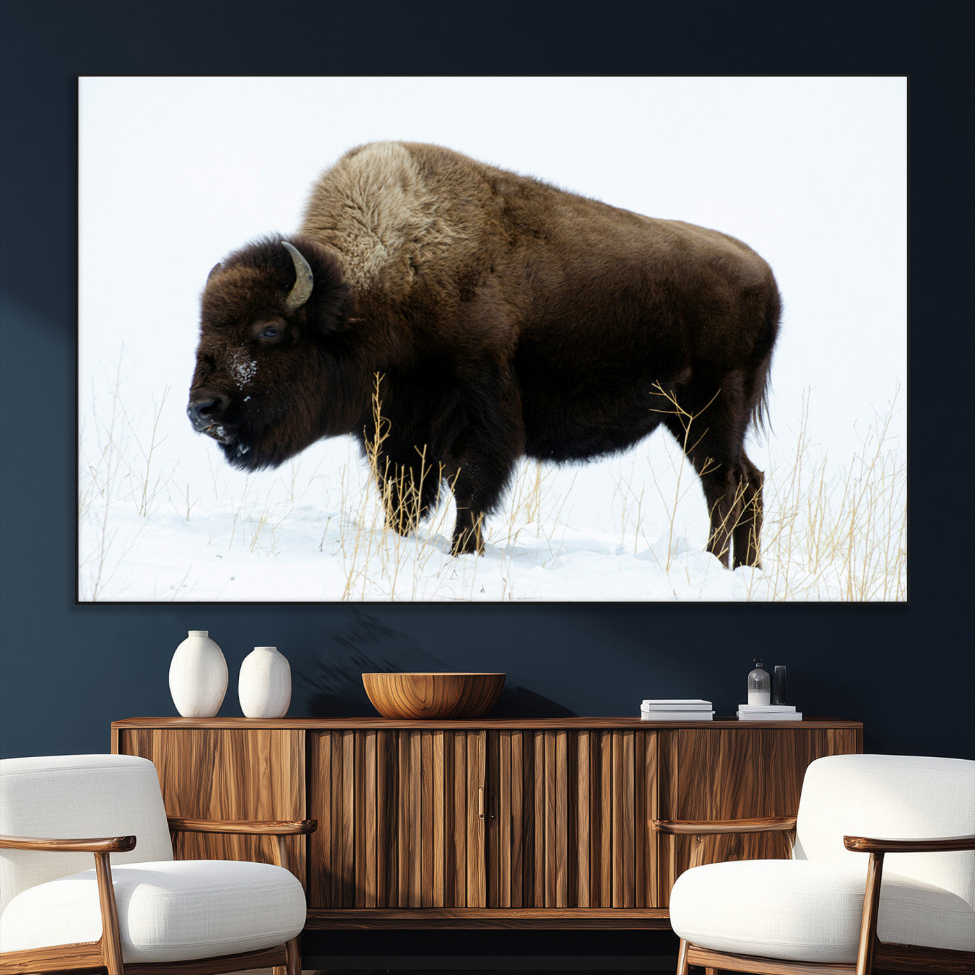 SEG-FC-51X34_Oversize - Bison Photography Wall Art Canvas Print, Framed Western Wildlife Art Picture Print, Buffalo On Snow Perfect Western Decor Artwork