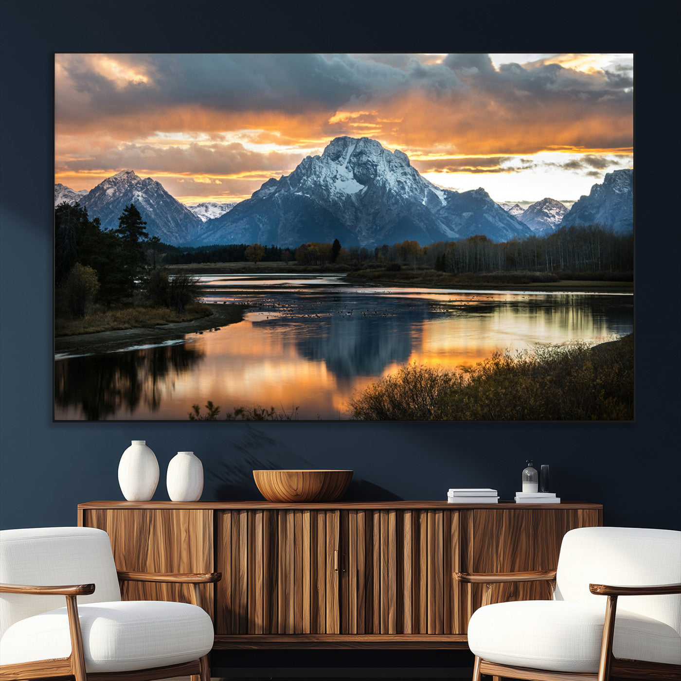 SEG-FC-51X34_Oversize - Mountain Sunset Wall Art Canvas Print, Framed Alpine Wilderness Art Picture Print, Golden Hour Perfect Wilderness Decor Artwork