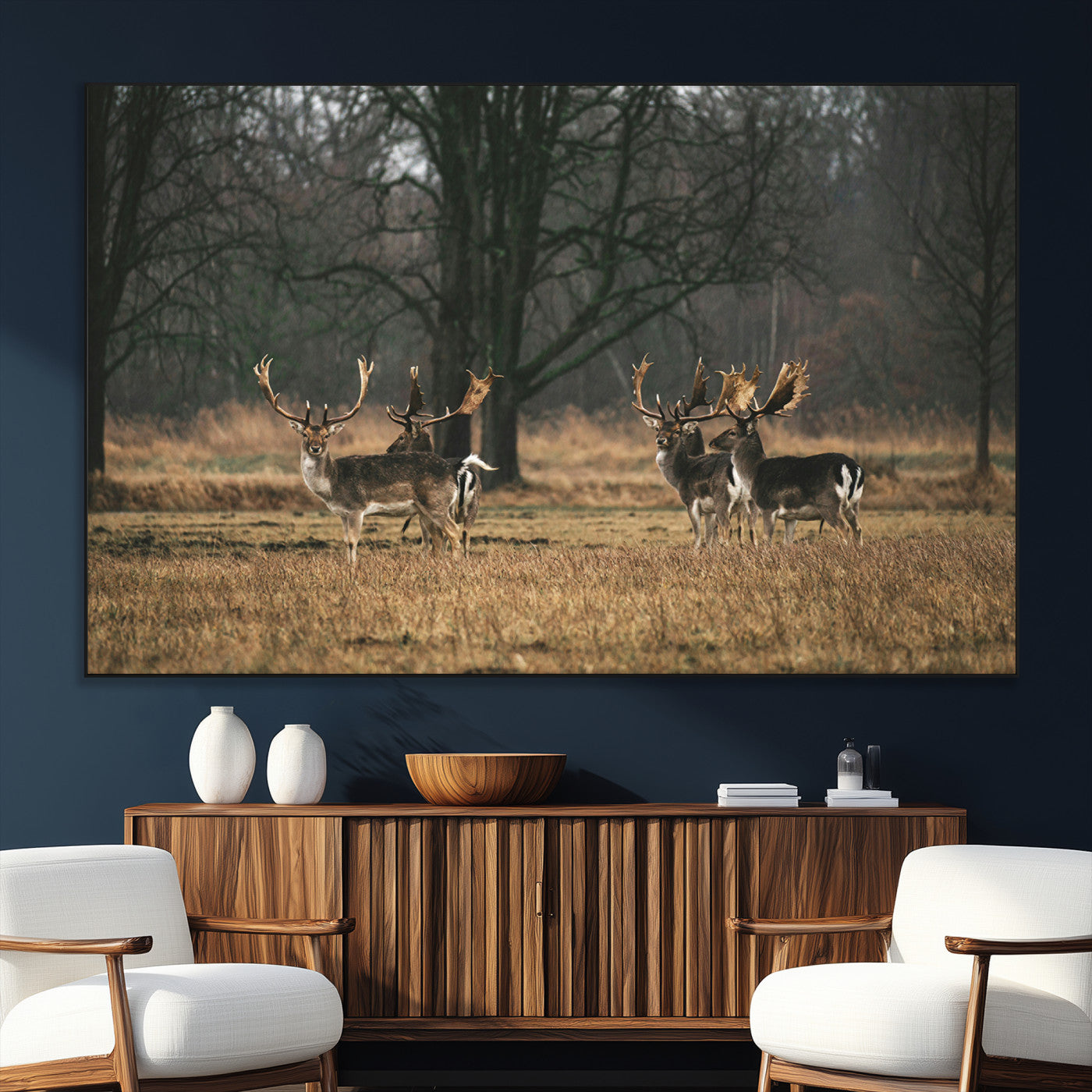 SEG-FC-51X34_Oversize - Deer Photography Wall Art Canvas Print, Framed Rustic Wildlife Art Picture Print, Stags In Forest Perfect Rustic Wilderness Decor Artwork