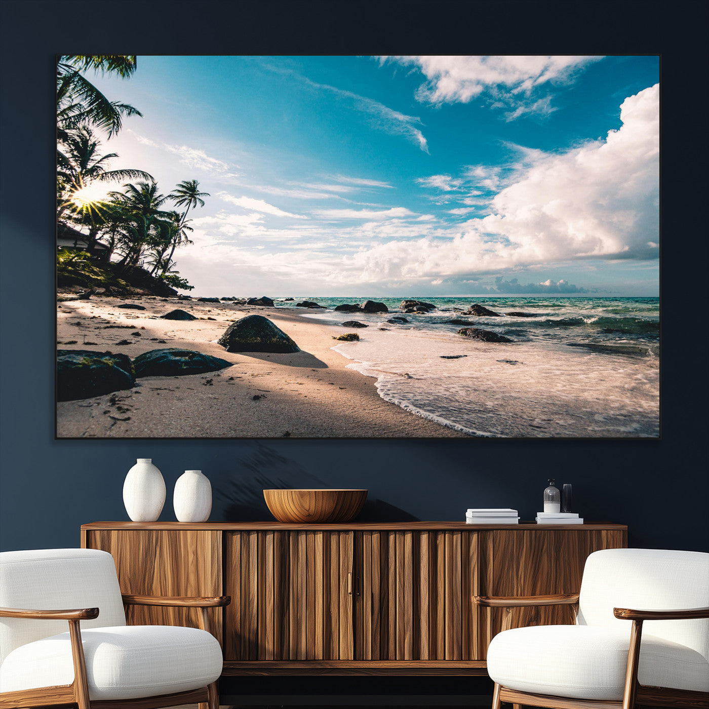 SEG-FC-51X34_Oversize - Tropical Beach Wall Art Canvas Print, Framed Ocean Waves Art Picture Print, Relazxing Seascape Perfect Tropical Coastal Decor Artwork