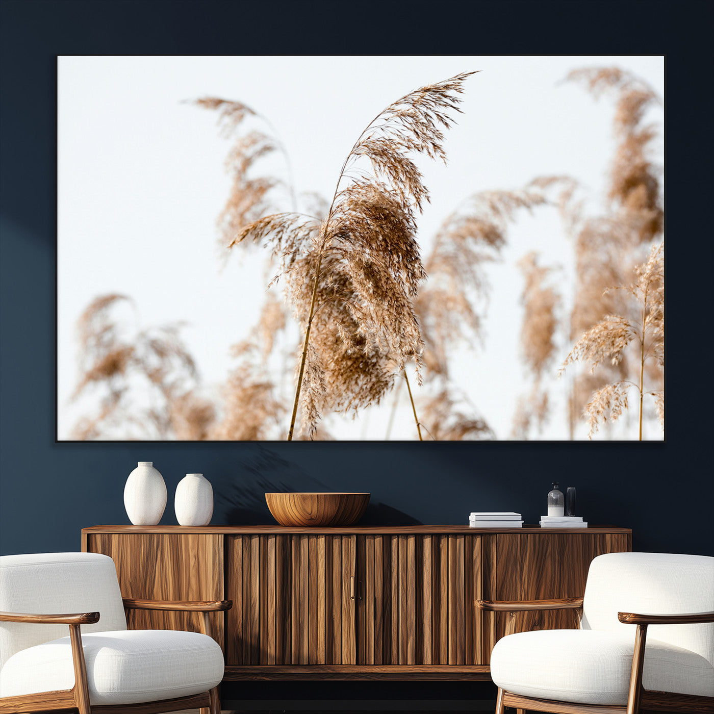 SEG-FC-51X34_Oversize - Pampas Grass Wall Art Canvas Print, Framed Neutral Tones Art Picture Print, Minimalist Nature Perfect Boho Decor Artwork