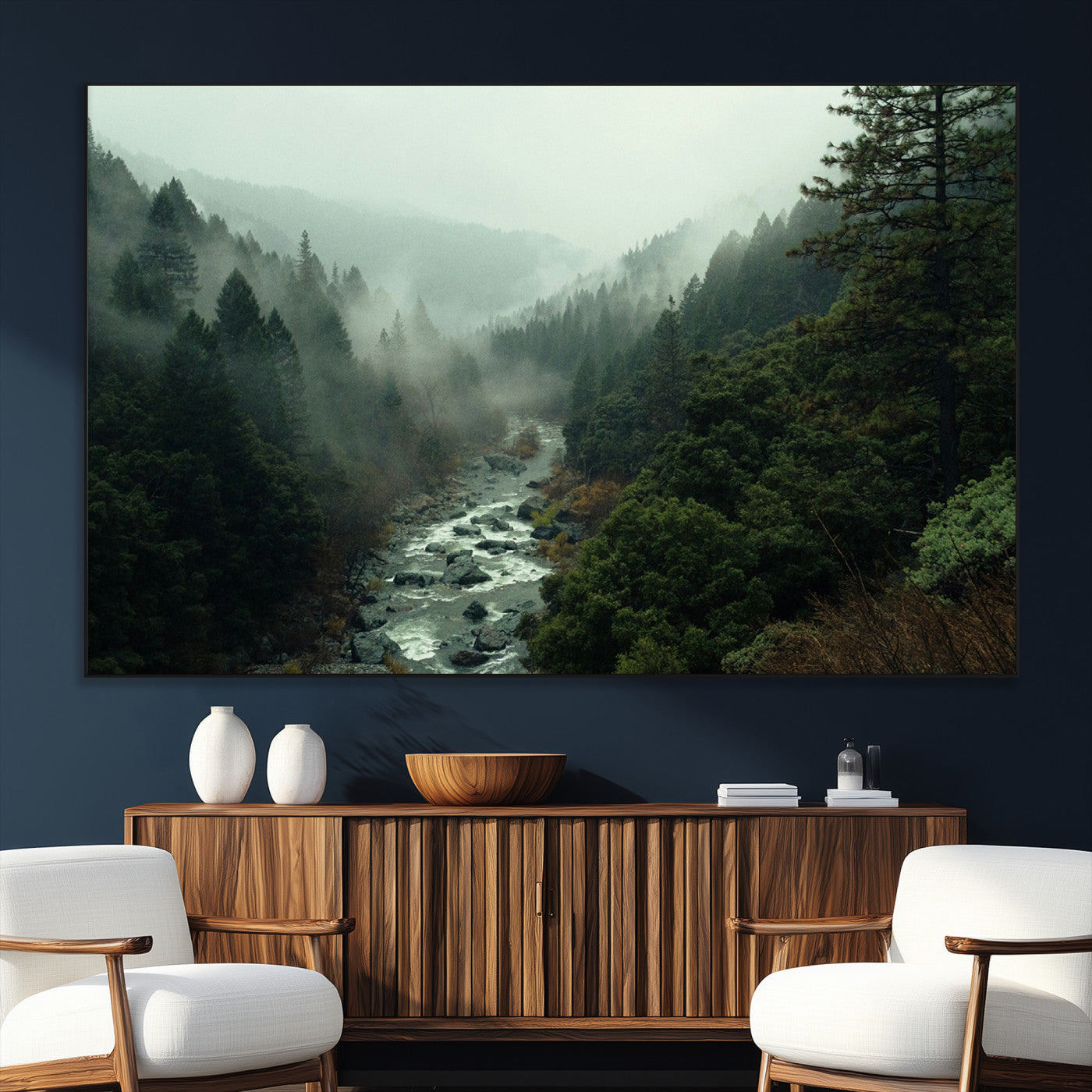 SEG-FC-51X34_Oversize - Misty Forest Wall Art Canvas Print, Framed Foggy River Art Picture Print, Moody Landscape Perfect Wilderness Decor Artwork