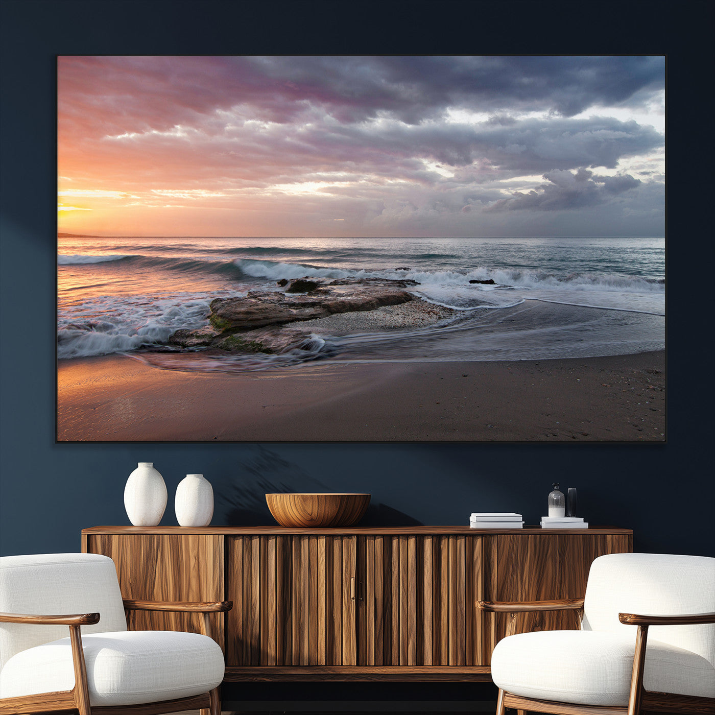 SEG-FC-51X34_Oversize - Golden Hour Wall Art Canvas Print, Framed Tranquil Waves Art Picture Print, Beach Perfect Coastal Serenity Decor Artwork