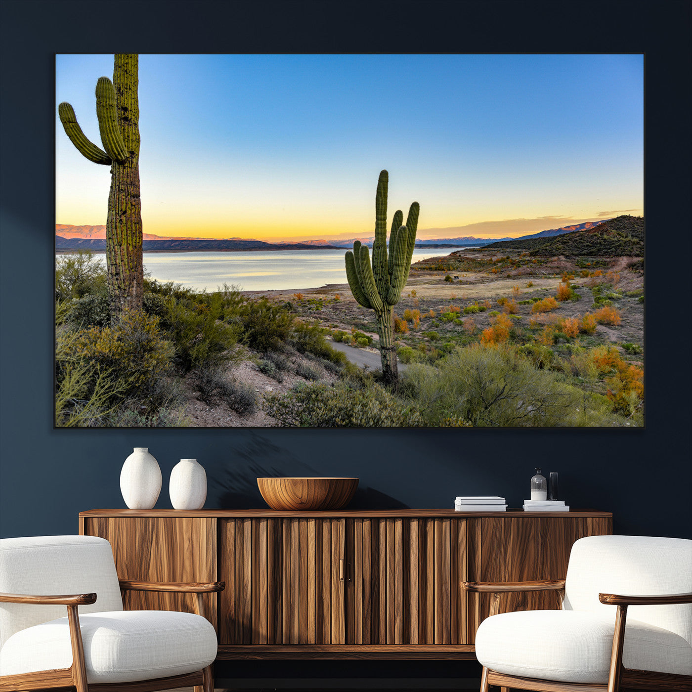 SEG-FC-51X34_Oversize - Saguaro Cactus Wall Art Canvas Print, Framed Desert Sunset Art Picture Print, Southwestern Perfect Southwestern Decor Artwork