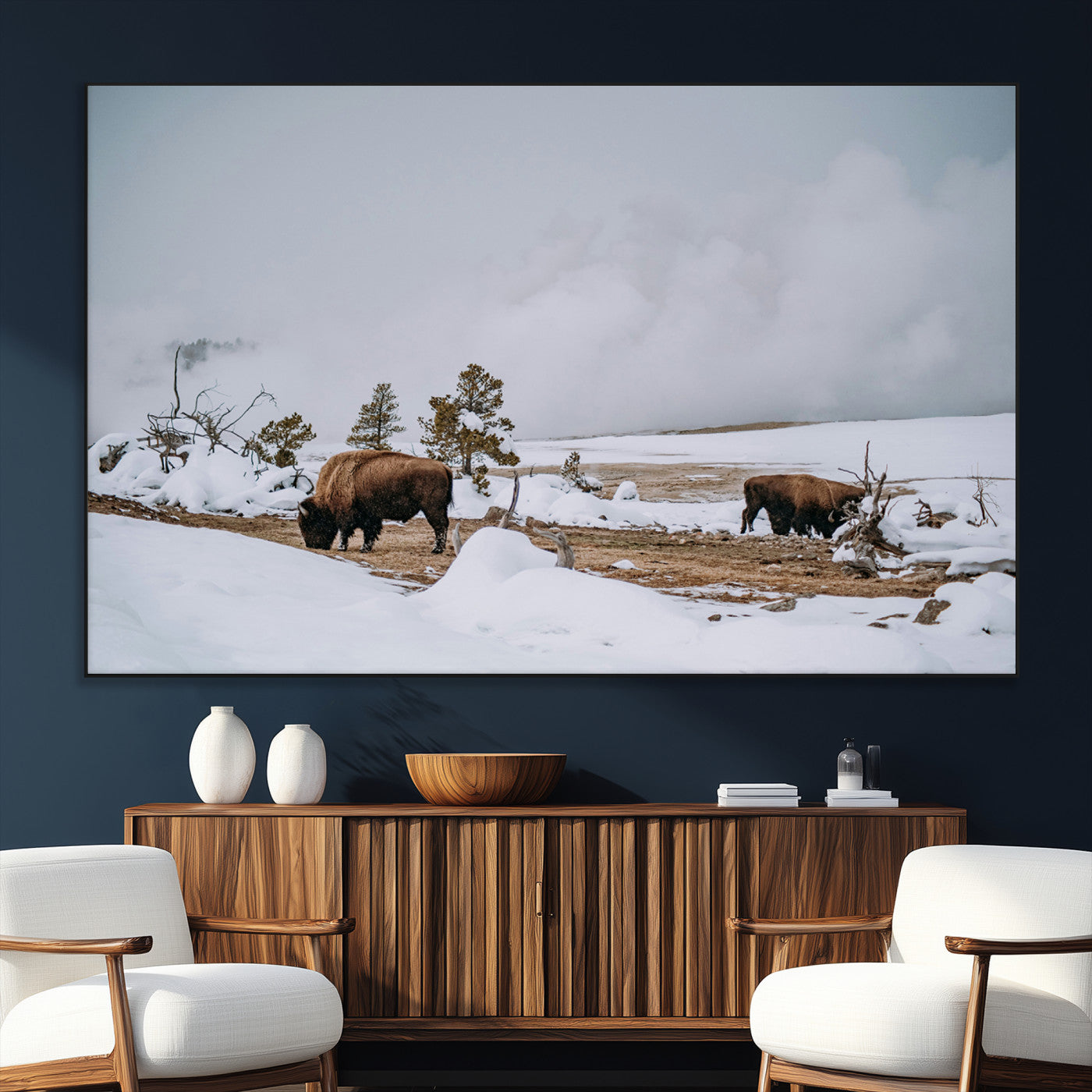 SEG-FC-51X34_Oversize - Bison Wildlife Wall Art Canvas Print, Framed Snowy Prairie Art Picture Print, Western Perfect Rustic Decor Artwork
