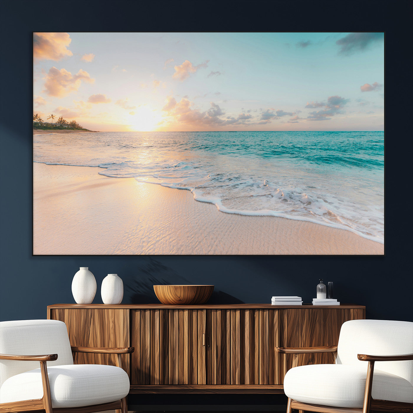 SEG-FC-51X34_Oversize - Beach Sunset Wall Art Canvas Print, Framed Ocean Waves Art Picture Print, Summer Escape Perfect Coastal Decor Artwork