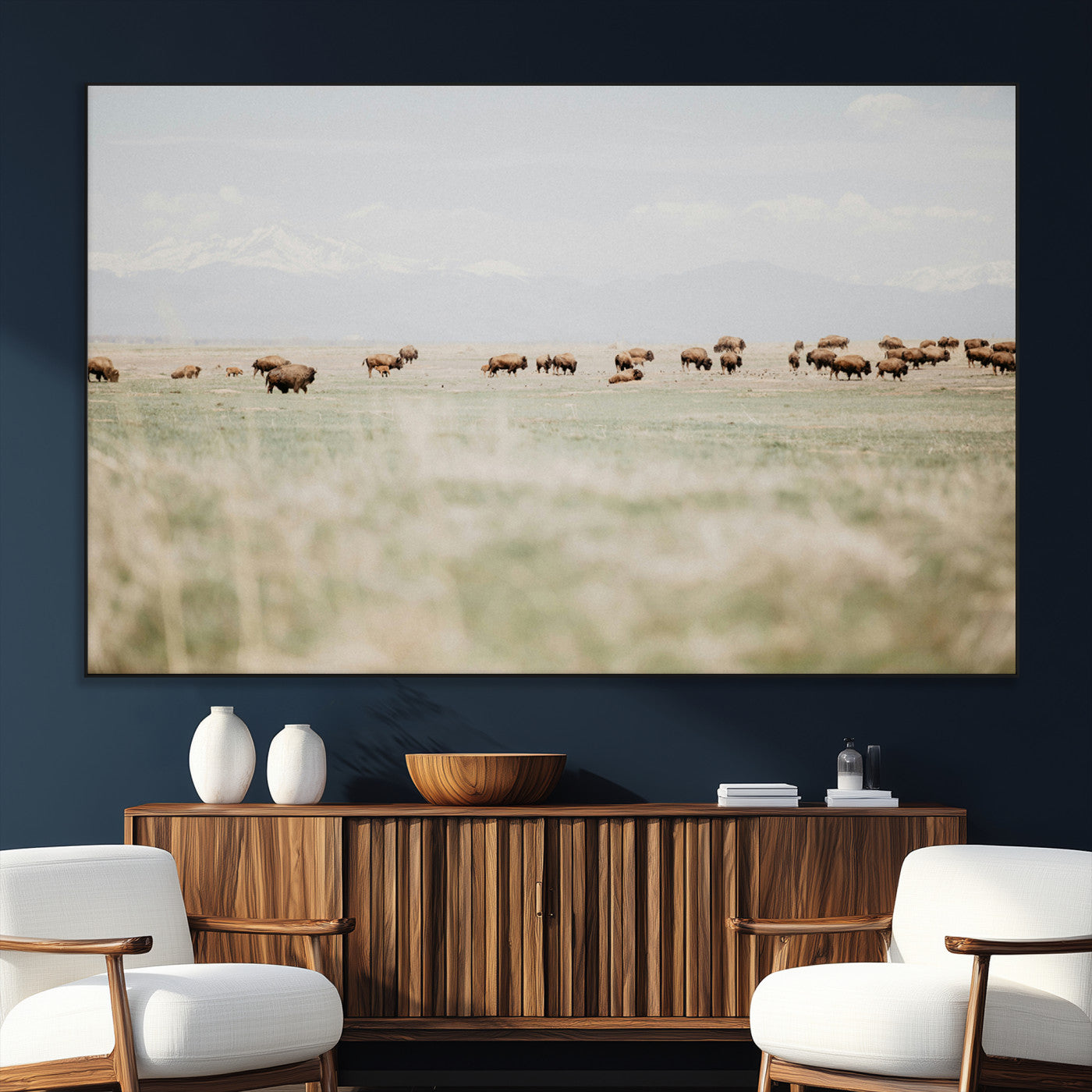 SEG-FC-51X34_Oversize - Bison Herd Wall Art Canvas Print, Framed Western Art Picture Print, Bison Perfect Ranch Decor Artwork