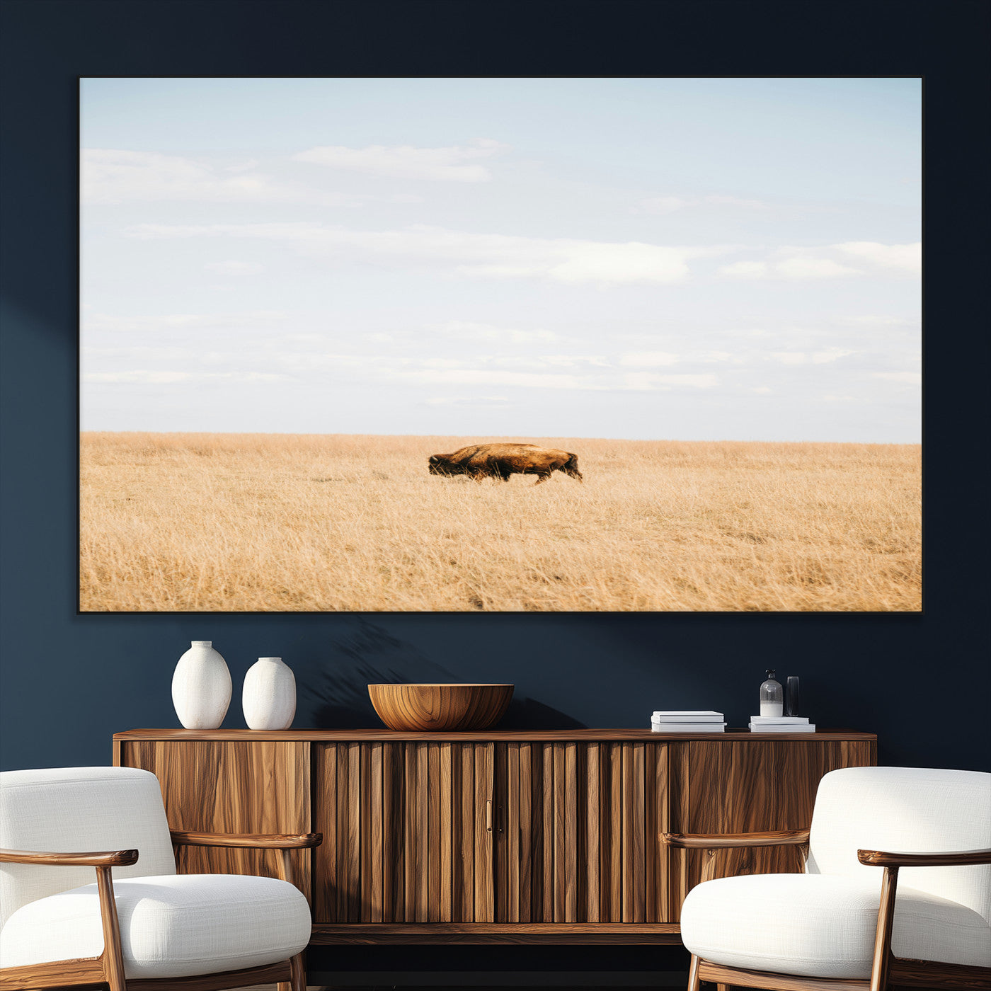 SEG-FC-51X34_Oversize - Minimalist Nature Wall Art Canvas Print, Framed Bison In Grassland Art Picture Print, Open Field Perfect Modern Ranch Decor Decor Artwork
