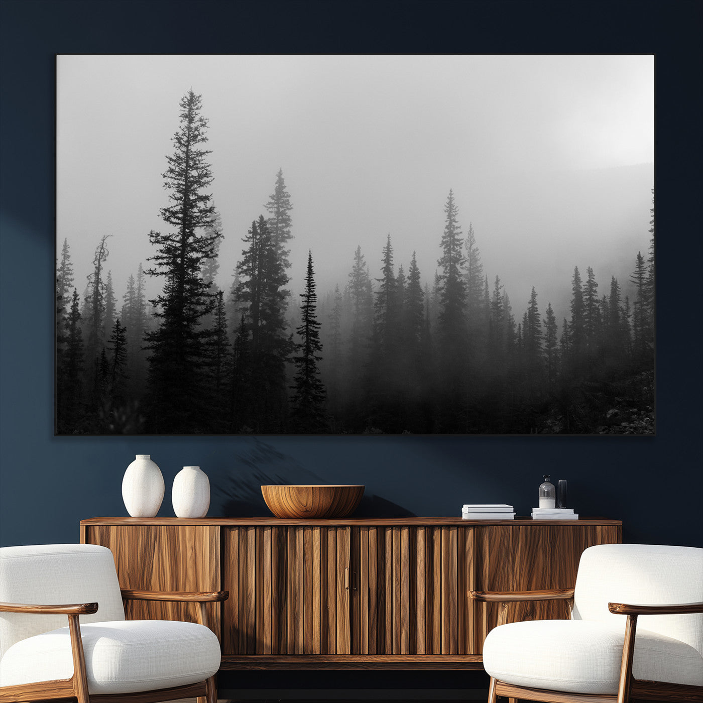 SEG-FC-51X34_Oversize - Misty Pines Wall Art Canvas Print, Framed Woodland Photography Art Picture Print, Minimalist Decor Perfect Rustic Decor Artwork