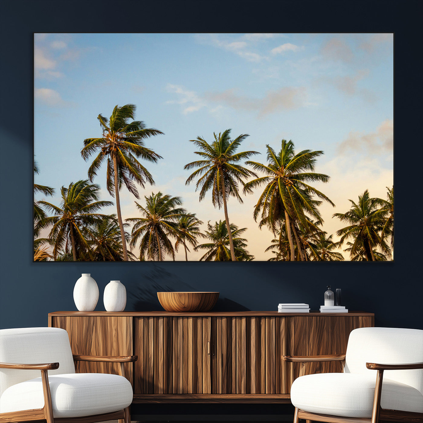 SEG-FC-51X34_Oversize - Palm Trees Wall Art Canvas Print, Framed Tropical Vibes Art Picture Print, Coastal Sunset Perfect Coastal Boho Decor Artwork
