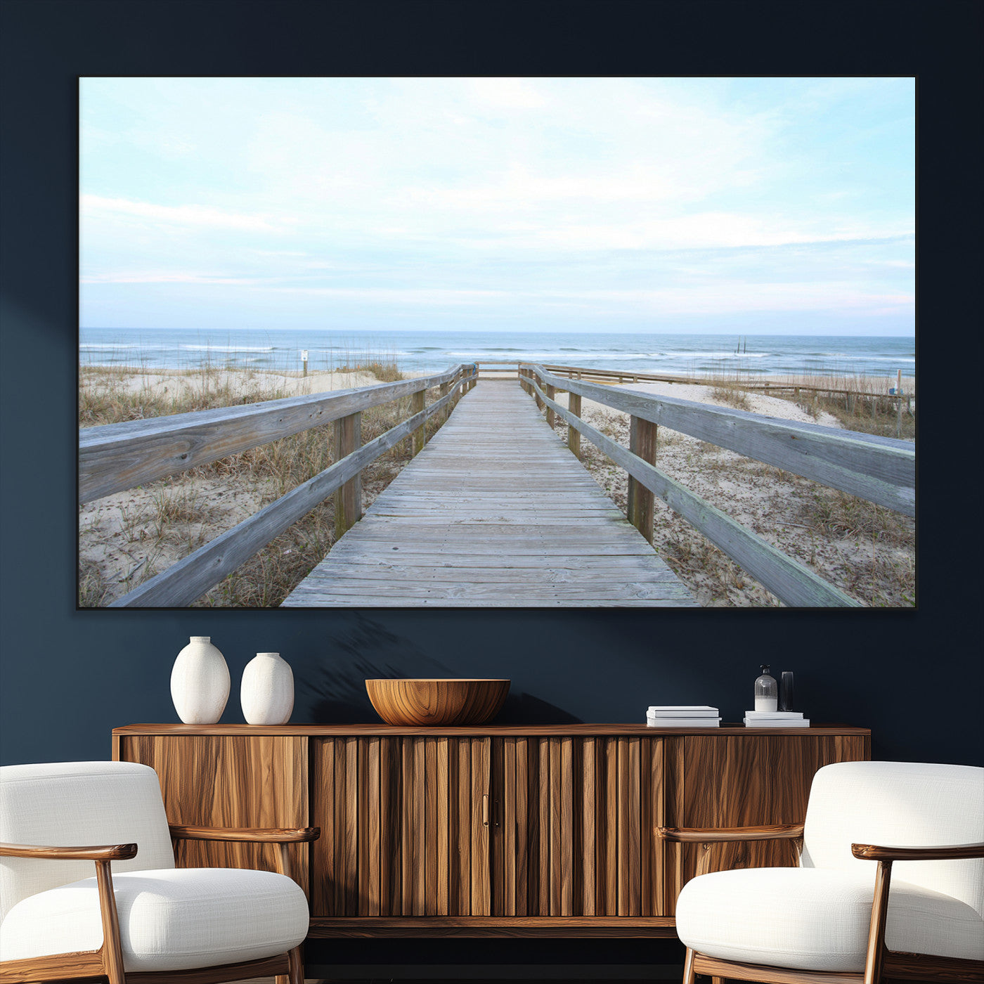 SEG-FC-51X34_Oversize - Beach Boardwalk Wall Art Canvas Print, Framed Coastal Serenity Art Picture Print, Ocean View Perfect Coastal Decor Artwork