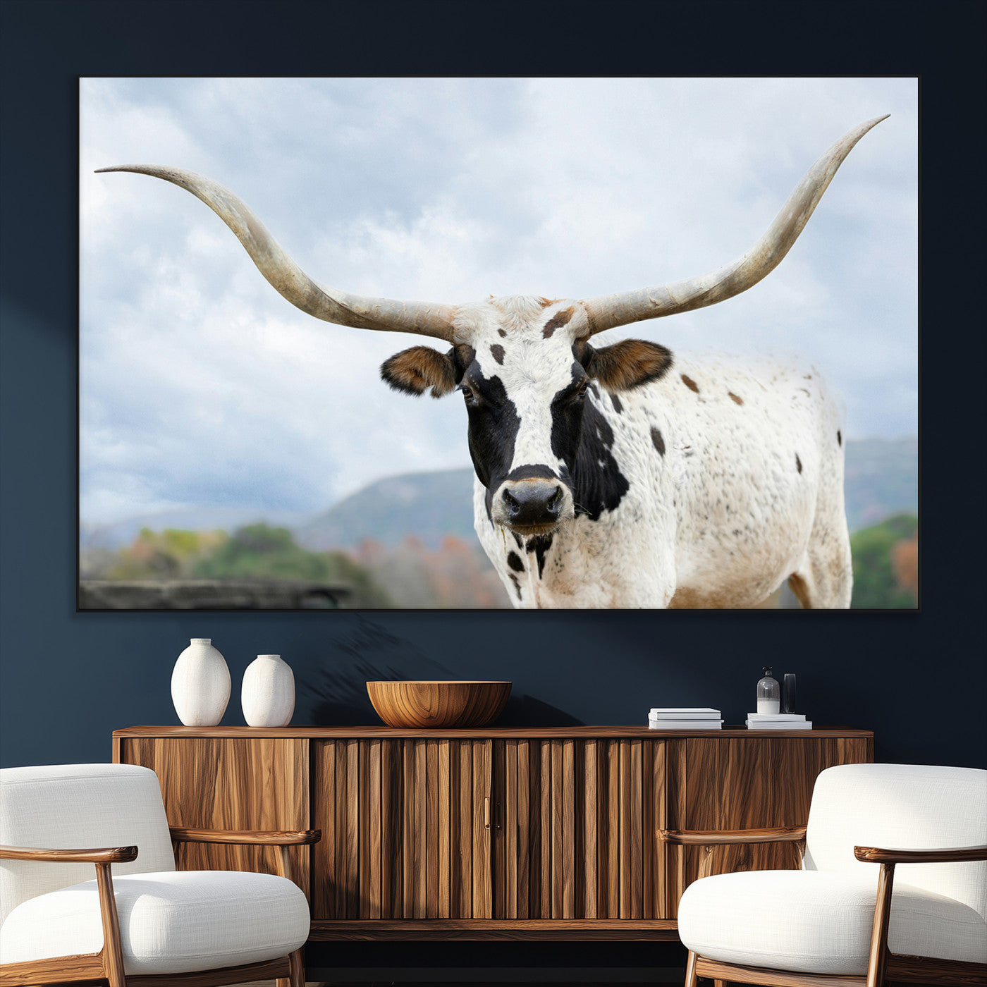 SEG-FC-51X34_Oversize - Texas Longhorn Wall Art Canvas Print, Framed Western Rustic Art Picture Print, Farmhouse Decor Perfect Farmhouse Decor Artwork