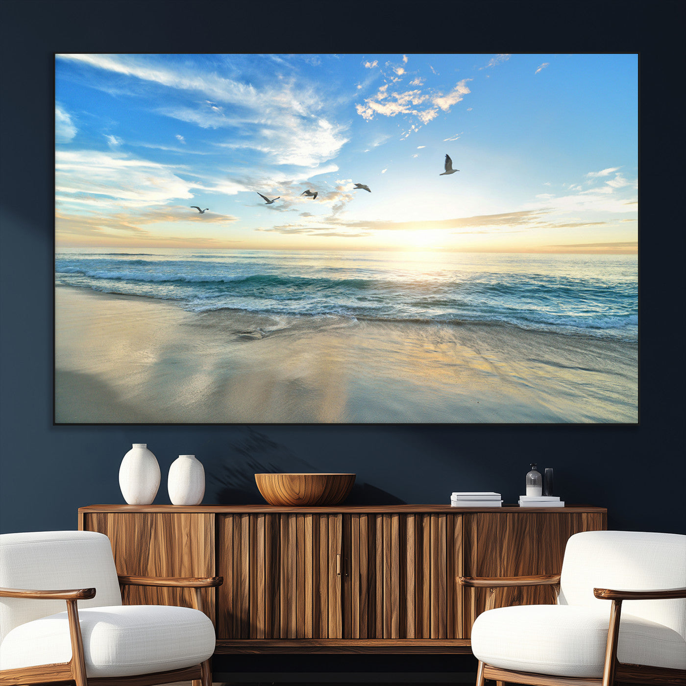 SEG-FC-51X34_Oversize - Minimalist Seaside Wall Art Canvas Print, Framed Morning Glow Art Picture Print, Golden Reflections Perfect Coastal Minimalist Decor Artwork