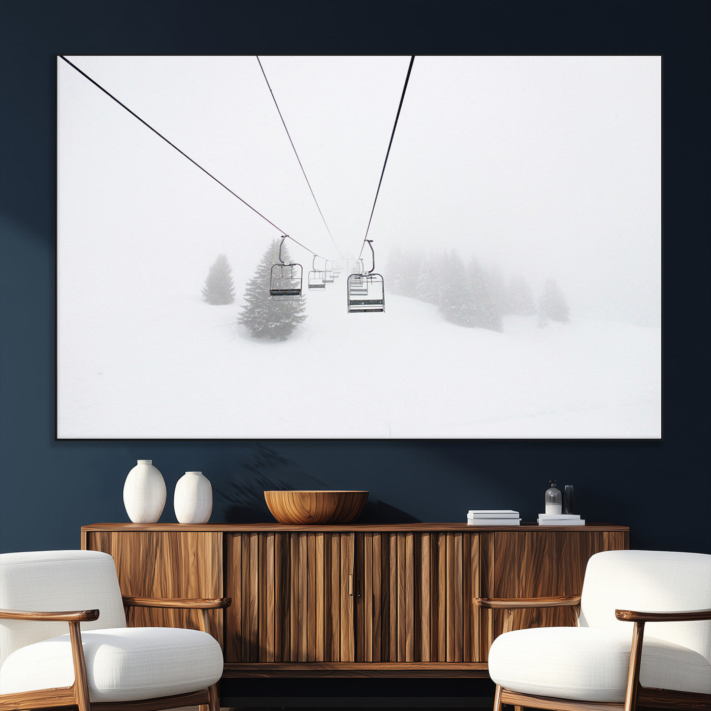 SEG-FC-51X34_Oversize - Ski Lift Wall Art Canvas Print, Framed Snowy Landscape Art Picture Print, Alpine Adventure Perfect Nordic Minimalist Decor Artwork