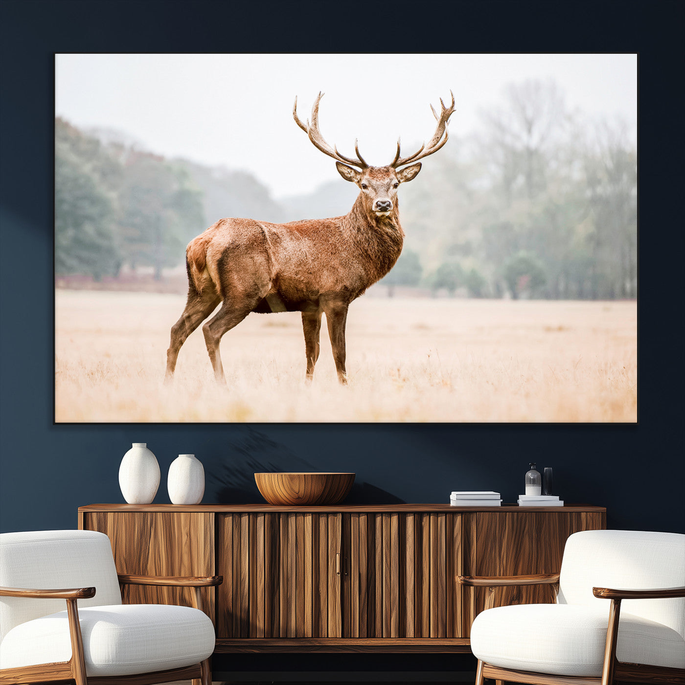 SEG-FC-51X34_Oversize - Vintage Wildlife Art Wall Art Canvas Print, Framed Misty Landscape Art Picture Print, Deer Wall Art Perfect Rustic Wildlife Decor Artwork