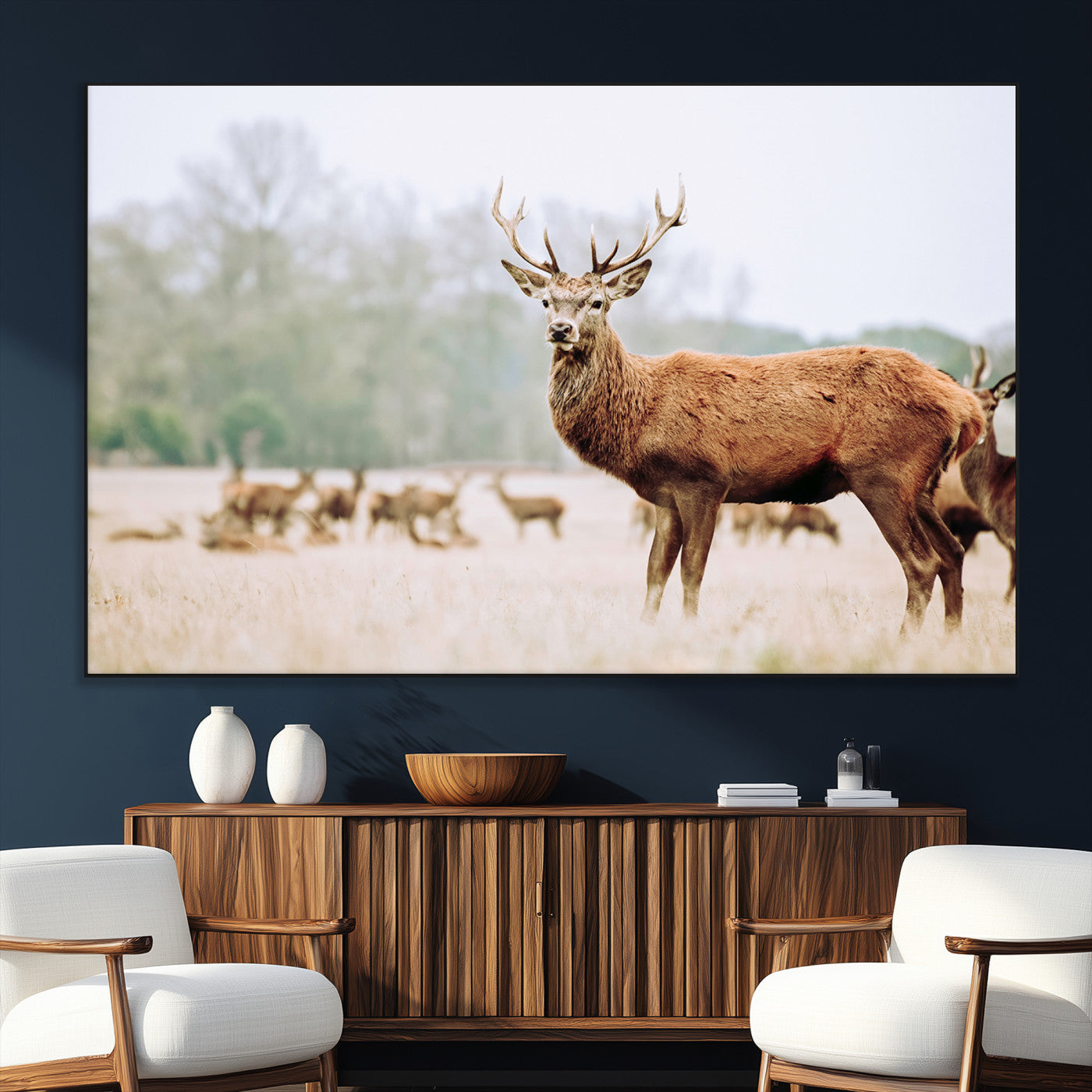 SEG-FC-51X34_Oversize - Rustic Nature Print Wall Art Canvas Print, Framed Deer Canvas Wall Art Art Picture Print, Nordic Animal Art Perfect Rustic Nature Decor Artwork
