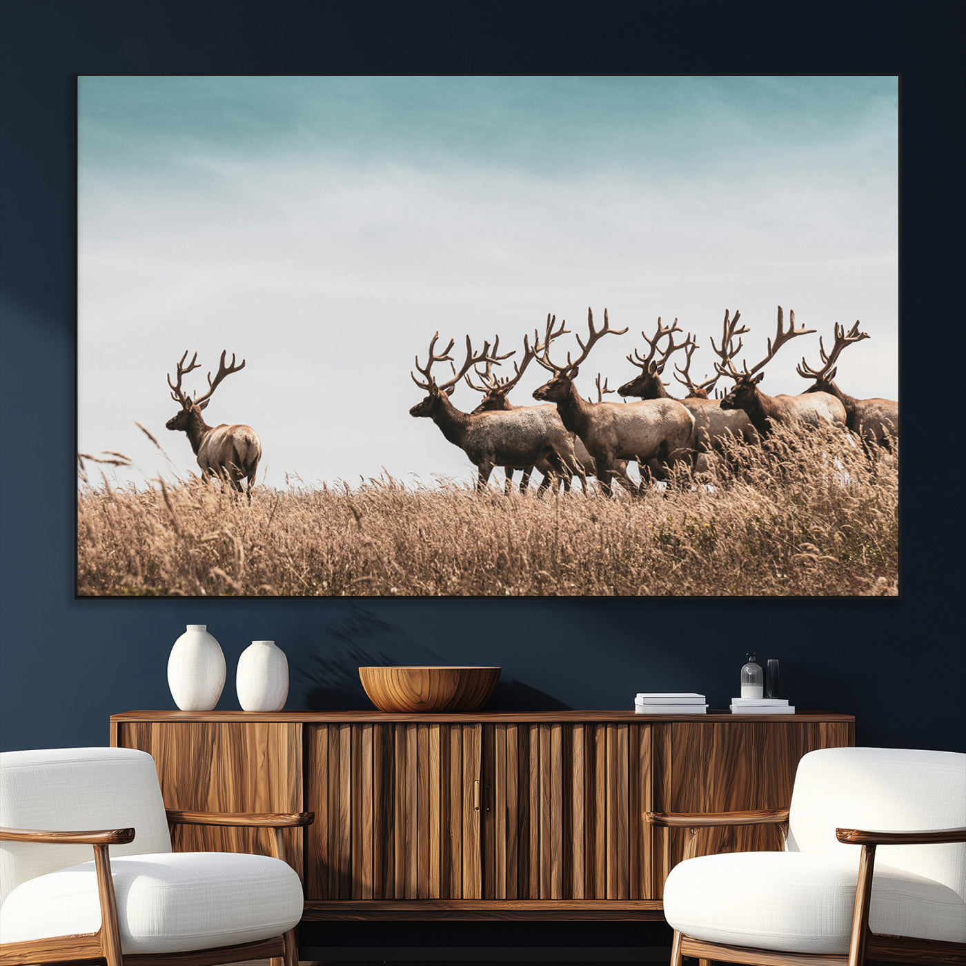 SEG-FC-51X34_Oversize - Elk Herd Wall Art Canvas Print, Framed Wildlife Photography Art Picture Print, Rustic Nature Print Perfect Rustic Wildlife Decor Artwork