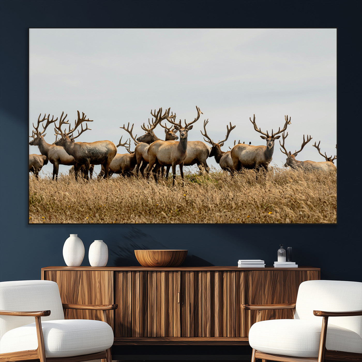 SEG-FC-51X34_Oversize - Elk Herd Wall Art Canvas Print, Framed Wildlife Photography Art Picture Print, Majestic Antlers Perfect Rustic Wildlife Decor Artwork
