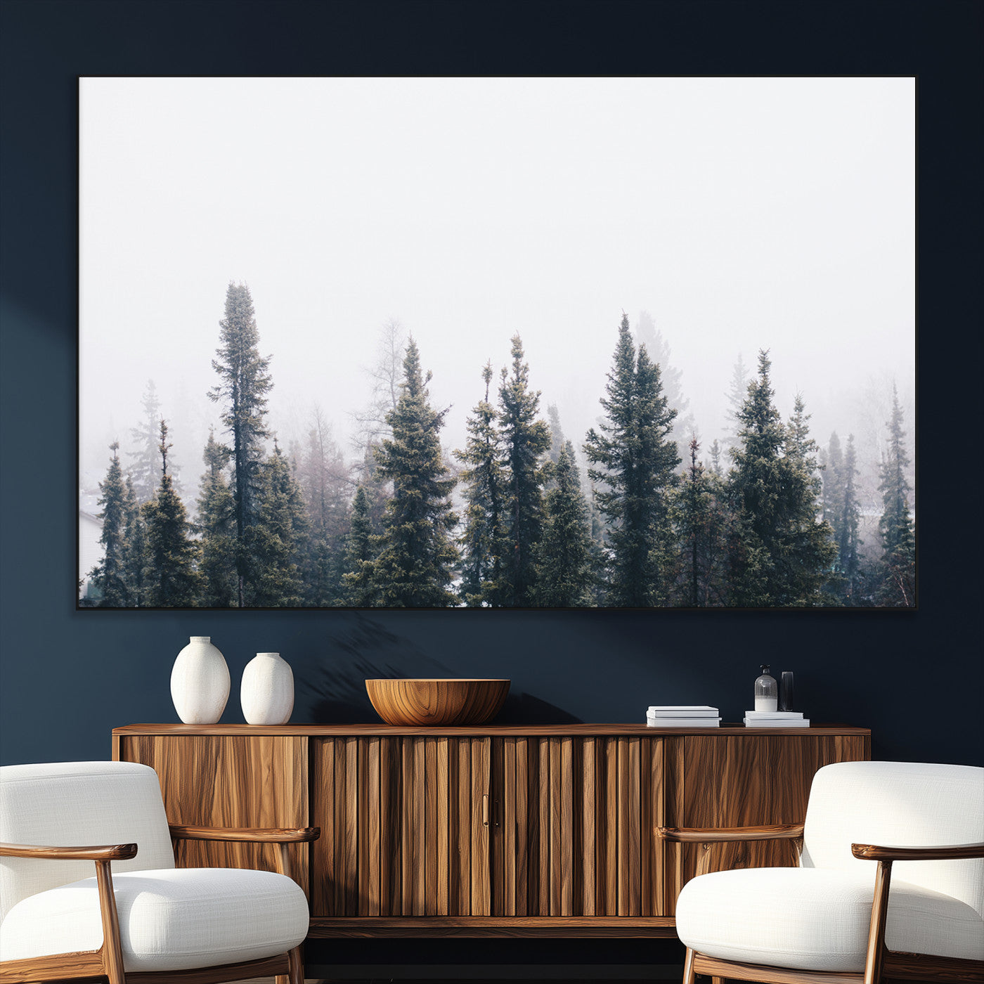 SEG-FC-51X34_Oversize - Foggy Forest Wall Art Canvas Print, Framed Misty Pines Art Picture Print, Moody Woodland Perfect Scandinavian Minimalist Decor Artwork