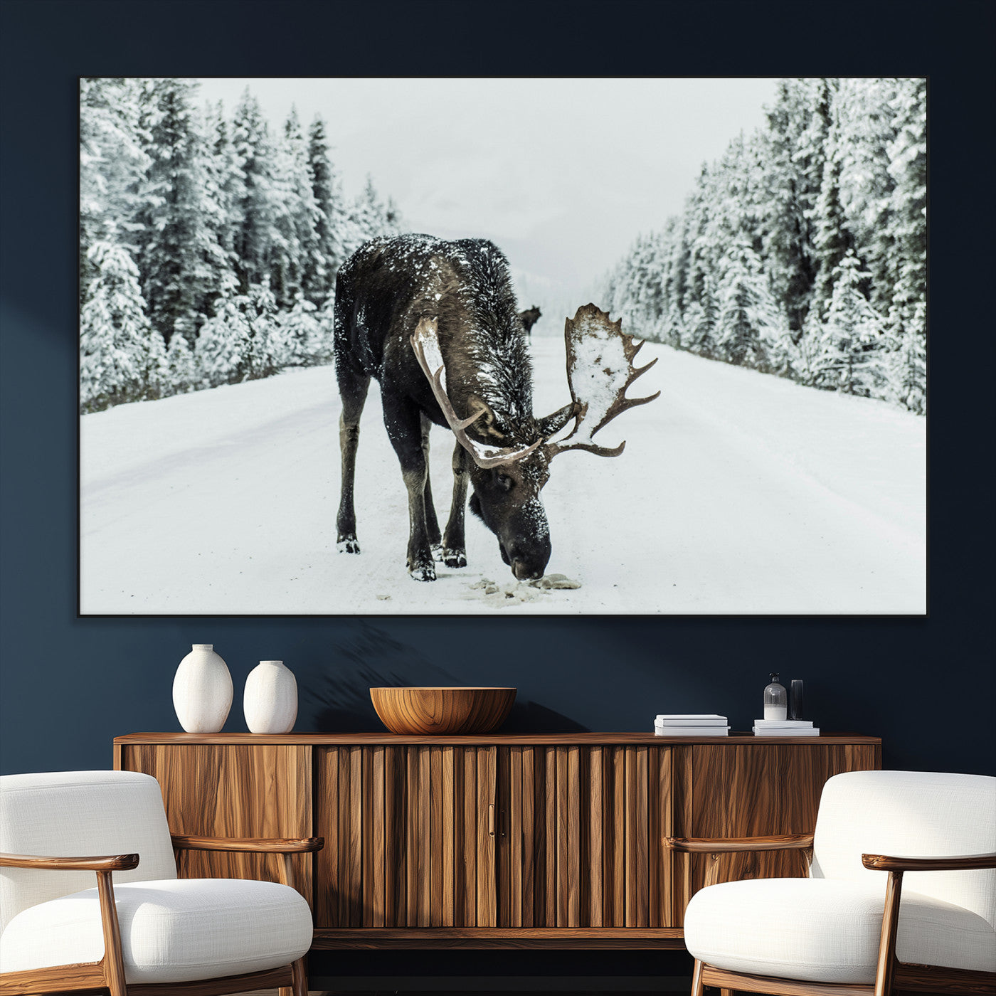 SEG-FC-51X34_Oversize - Moose in Snow Wall Art Canvas Print, Framed Winter Wildlife Art Picture Print, Snowy Forest Scene Perfect Rustic Lodge Decor Artwork