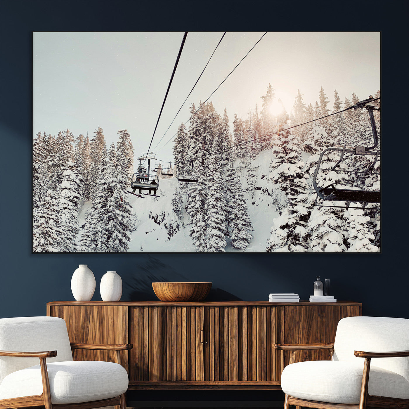 SEG-FC-51X34_Oversize - Frosty Pines Wall Art Canvas Print, Framed Cozy Cabin View Art Picture Print, Ski Lift Ride Perfect Rustic Lodge Decor Artwork
